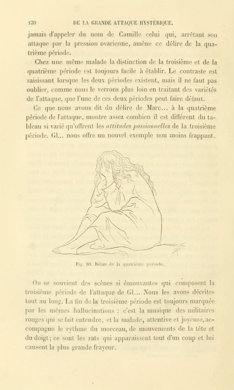 jamais d'appeler du nom de Camille celui qui, arrêtant son atLaque par la pression ovarienne, amène ce délire de la qua- trième période. Chez une même malade la distinction de la troisième et de la quatrième période est toujours facile à établir. Le contraste est saisissant lorsque les deux périodes existent, mais il ne faut pas oublier, comme oous le verrons plus loin en traitant des variétés de l'attaque, que rime >]>'cç> deux périodes peut l'aire défaut. Ce que nous avons dit du délire de Mare... à la quatrième période de l'attaque, montre assez combien il est différent du ta- bleau si varié qu'offrent les attitudes passionnelles de la troisième période. Gl... nous offre un nouvel exemple non moins frappant, Fifr. 80. Délire de la qnati iè On se souvient des scènes si émouvantes qui composent la troisième période de l'attaque de Gl... Nous les avons décrites tout au long. La fin delà troisième période est toujours marquée par les mêmes hallucinations : c'est la musique des militaires - - qui se fait entendre, <■! la malade, attentive et joj ;us compagne le rythme du morceau, de mouvements de la tète et du doigt; ce -uni les rats qui apparaissent tout d'un coup et lui causent la plus grande frayeur.