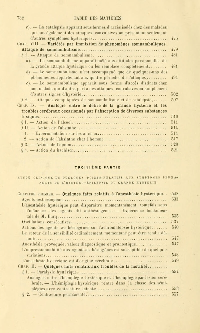 c). — La catalepsie apparaît sous formes d'accès isolés chez ili-s malades qui ont également des attaques convulsives ou présentent seulement d'autres symptômes hystériques 175 Chap. VIII. — Variétés par immixtion de phénomènes somnambuliques. Attaque de somnambulisme 179 § i. — Attaque de somnambulisme 181 a). — Le somnambulisme apparaît mêlé aux attitudes passionnelles de la grande attaque hystérique ou les remplace complètement 181 b). — Le somnambulisme n'est accompagné que de quelques-uns des phénomènes appartenant aux quatre périodes de l'attaque., i * * * c). — Le somnambulisme apparaît sous forme d'accès distincts chez une malade qui d'autre part a des attaques convulsives ou simplement d'autres signes d'hystérie 502 § 2. Utaques compliquées de somnambulisme et de catalepsie 507 Chap. IX. — Analogie entre le délire de la grande hystérie et les troubles cérébraux occasionnés par l'absorption de diverses substances toxiques 510 § I. — Action de l'alcool 511 S 11. - Action de l'absinthe 514 1. — Expérimentation sur les animaux -il4 2. — Action de l'absinthe chez l'homme 517 § :!. — Action de l'opium 520 § i. — Action du hachisch 521 TROISIÈME PARTIE ÉTUDE CLINIQUE DE QUELQUES POINTS RELATIFS .MX S V M l'T 0 M E s PERMA- NENTS DE L'HYSTÉKO-ÉPILEPSI E cil GRANDE H Y S T É I! I E Chapitre premier. — Quelques faits relatifs à l'anesthésie hystérique.. 528 Agents aesthésiogèues 53:! L'anesthésie hystérique peut disparaître momentanément toutefois sous l'influence îles agents dit oesthésiogènes. — Expérience fondamen- tale de M. Burq 535 Oscillations consécutives 537 Actions des agents oesthésiogènes sur l'achromatopsie hystérique 510 Le retour de la sensibilité ordinairement momentané peut être rend'.; dé- finitif 547 Anesthésie provoquée, valeur diagnostique et pronostique 547 L'impressionnabilité aux agentsaesthésiogènes est susceptible de quelques variations 548 L'anesthésie hystérique est d'origine cérébrale 5i0 Chap. 11. — Quelques faits relatifs aux troubles de la motilité § I. — Paralysie hystérique 552 Analogies entre l'hémiplégie hystérique et l'hémiplégie par lésion céré- brale. — L'hémiplégie hystérique rentre dans la classe des hémi- plégies avec contracture latente 553 § 2. — Contracture permanente 557