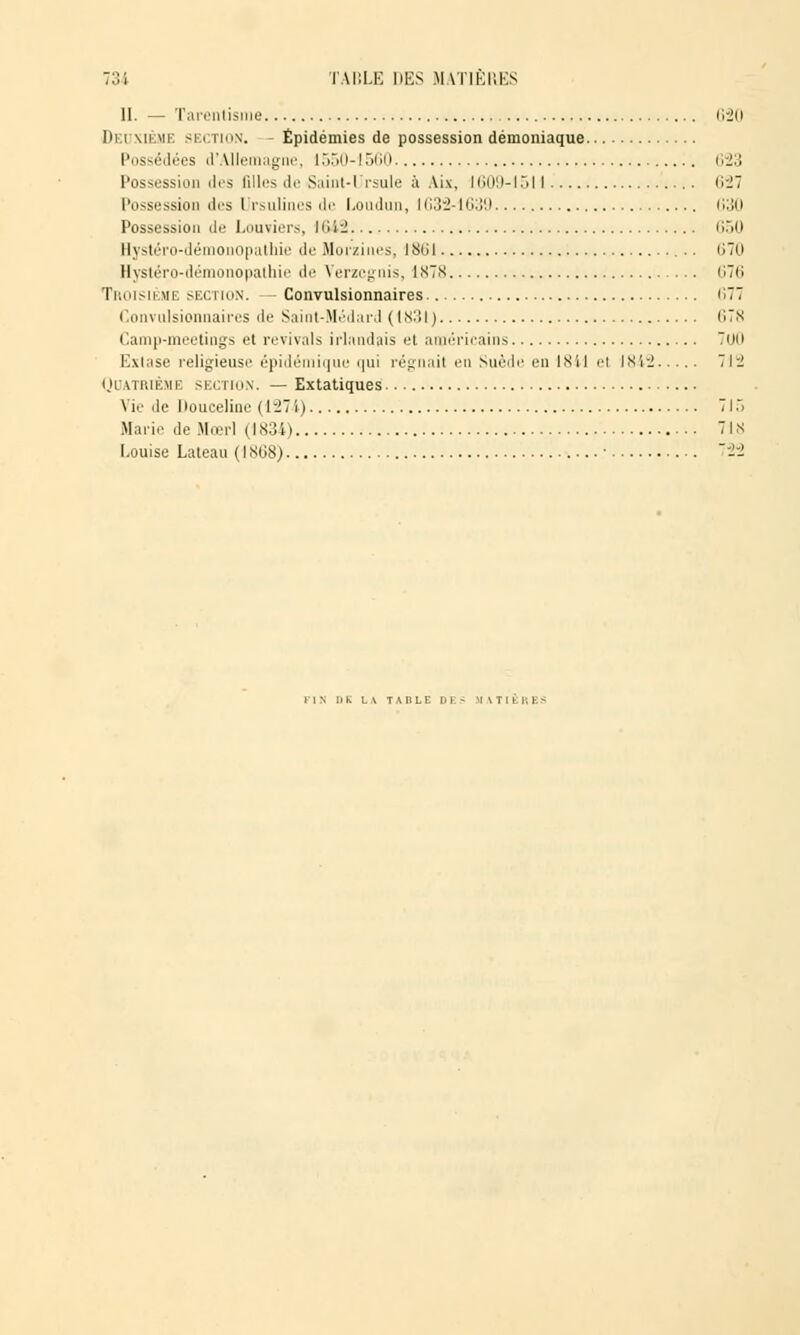 II. — Tarentisme 620 Hi i xième SECTION. - Épidémies de possession démoniaque Possédées (l'Allemagne, ITmO-1560 623 Possession des filles de Saint-Ursule à Aix, 1609-15H li'JT Possession des Ursulines de Loudun, 1632-1639 630 Possession de Louviers, 1 (• 1 ri 650 Hystéro-démonopathie de Morzines, I8GI 670 Hystéro-démonopathie de Verzcgnis, 1878 (>7(i Troisième section. Convulsionnaires 677 Convulsionnaires de Saint-Médard (1NHI) (>TS Camp-meetings et revivais irlandais et américains Ton l-\Uise religieuse épidémique qui régnait en Suède en ixil ci 1842 712 Quatrième section. — Extatiques \ ie de Douceline (l'21'i) 715 Marie ,1e Mœrl (1834) 718 Louise Lateau (ISG8) ■ -- TABLE DES -M \TI I I. I -