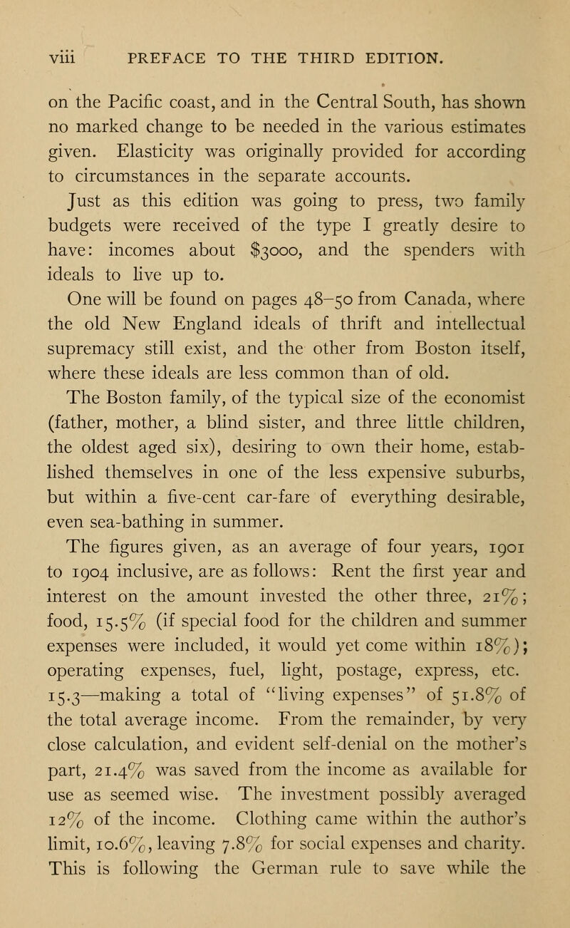 on the Pacific coast, and in the Central South, has shown no marked change to be needed in the various estimates given. Elasticity was originally provided for according to circumstances in the separate accounts. Just as this edition was going to press, two family budgets were received of the type I greatly desire to have: incomes about $3000, and the spenders with ideals to live up to. One will be found on pages 48-50 from Canada, where the old New England ideals of thrift and intellectual supremacy still exist, and the other from Boston itself, where these ideals are less common than of old. The Boston family, of the typical size of the economist (father, mother, a blind sister, and three little children, the oldest aged six), desiring to own their home, estab- lished themselves in one of the less expensive suburbs, but within a five-cent car-fare of everything desirable, even sea-bathing in summer. The figures given, as an average of four years, 1901 to 1904 inclusive, are as follows: Rent the first year and interest on the amount invested the other three, 21%; food, 15.5% (if special food for the children and summer expenses were included, it would yet come within 18%); operating expenses, fuel, light, postage, express, etc. 15.3—making a total of living expenses of 51.8% of the total average income. From the remainder, by very close calculation, and evident self-denial on the mother's part, 21.4% was saved from the income as available for use as seemed wise. The investment possibly averaged 12% of the income. Clothing came within the author's limit, 10.6%, leaving 7.8% for social expenses and charity. This is following the German rule to save while the