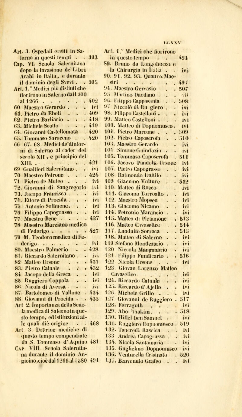 ULXXV Art. 3 Ospedali eretti in Sa- lerno in quesli (empi . . 393 Gap. VI. Scuola Salernitana dopo la invasione de'Libri Arabi in Italia, e durante il dominio degli Svevi . . 395 Ari. 1. Medici più distinti che fiorirono inSalerno dati 200 al 1266 402 60. Maestro Gerardo ... ivi GÌ. Pietro da Eboli . . . 409 (52. Pietro Bartiario . • . 4IR (53. Michele Scollo . . . 419 (54. Giovanni Caslellomata . 420 65. Tommaso Saraceno . . 420 66 67. 68. Medici de'dinlor- ni di Salerno al cader del secolo XII, e principio del XIII. ....... 421 69 Gualtieri Salernitano . . ivi 70 Maestro Pelrone . . . 424 71 Pietro de Muleo . . . ivi 72. Giovanni di Sangregorio ivi 73. Jacopo Francisca . . . ivi 74. Ettore di Precida . . . ivi 75 Antonio Solimene. . . ivi 76 Filippo Capograsso . . ivi 77. Maestro Bene .... 427 78 Maestro Marziano medico di Federigo 427 79 M Teodoro medico di Fe- derigo ivi 80. Maestro Palmerio . . 428 81. Riccardo Salernitano . . ivi 82 Matteo Ursone . . .431 83. Pietro Cèdiate . ; . 432 84. Jacopo della Greca . . ivi 85 Ruggiero Coppola . . ivi 8(5. Nicola di Aversa . . . ivi 87. Bartolomeo di Vallone . 434 88 Giovanni di Procida . . 433 Art 2. Importauza della Scuo- la medica di Salerno in que- sto tempo, ed istituzioni al- le quali die origine . . 468 Art 3. Dot!riue mediche di questo tempo compendiate da S. Tommaso d' Aquino 481 Cap. Vili. Scuola Salernita- na durante il dominio An- Art. 1.° Medici che fiorirono in questo tempo . . S9. Bruno da Eongobucco e la Chirurgia in balia . 90. 91. 92. 93. Quattro Mae siri 94. Maestro Gervasio 95 Mari ino Itardano • . 96. Filippo Cappasanta . 97 Niccolò di Ru giero . 98. Filippo Castello»! . . 99. Malico Castellani . . 100. Malico di Dopnomusco 101. Pietro Marrone . . 102. Pietro Caposcrofa . 10:$. Maestro Gerardo 104 Simone Guindazin . 105. Tommaso Caposcrofa. 10(5. Jacovo Pandoltù Ursone 107. Pietro Capograsso . 108. Raimondo Dattilo . 109 Giacomo Vulture . 110. Matteo di Rocco . . Iti. GiacomoTorroaIlo . 112. Maestro Mopsen 113. Giacomo Nicamo 114. Petronio Ma rancio . 115. Matteo di Pigiamone 116. Matteo Civaseliee 117. Landultb Sorraca 118. Matteo di Salerno . 119 Stefano Mondezario . 120 Niccola Manganarlo 121. Filippo Fundicario . 122. Nicola Ursone . . 123. Giovan Lorenzo Matteo Cavaselice .... 124. Riccardo Caldaie . 125. Riccardod'Ajello . 12(5. Michele Grillo . . 127 Giovanni de Ruggiero 128. Ferraguth . . . 129. Abo 'iliakim. . . 130. Hillel ben Samuel , 131. Ruggiero Dopnomusco 132. Tancredi Rasciea 133. Andrea Capograsso . 134. Nicola Santamaria . 135. Guglielmo Dopnomusco 136. Venlurella Crisinato 491 ivi 497 507 vii 508 ivi ivi ivi ivi 509 510 ivi ivi 511 ivi ivi ivi 512 ivi ivi ivi ivi ivi 513 514 515 ivi ivi ivi 516 ivi ivi ivi ivi ivi 517 ivi 518 ivi 519 ivi ivi ivi ivi 520
