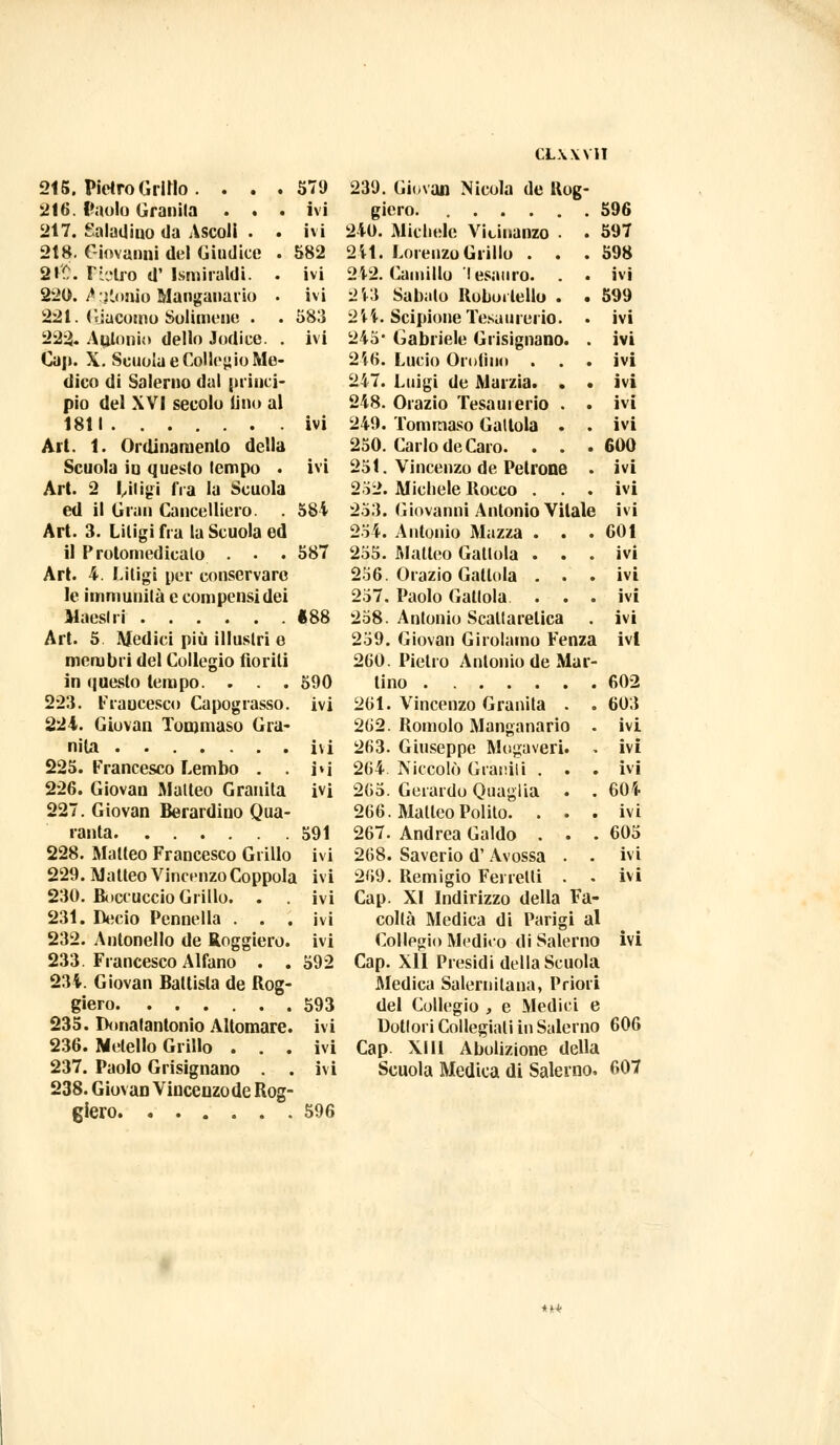 CLXXY1I 215. Pietro Grillo. . . . 579 216. Paolo Granila ... ivi 217. Saladiuo da Ascoli . . ivi 218. Giovanni del Giudice . 582 2t'C. Pietro d' Ismiraldi. . ivi 220. Aptonio Manganarlo • ivi 221. Giacomo Solimene . . 583 222. Antonio dello Jodice. . ivi Gap. X. Scuola e Collegio Me- dico di Salerno dal princi- pio del XVI secolo lino al 1811 ivi Art. 1. Ordinamento della Scuola in questo tempo . ivi Art. 2 Litigi fra la Scuola ed il Gran Cancelliere. . 584 Art. 3. Litigi fra la Scuola ed il Protomedicaio . • . 587 Art. 4. Litigi per conservare le immunità e compensi dei Maestri «88 Art. 5 Medici più illustri e membri del Collegio fiorili in questo tempo. . . .590 223. Francesco Capograsso. ivi 224. Giovan Tommaso Gra- nita ivi 225. Francesco Lembo . . i»i 226. Giovan Matteo Granita ivi 227. Giovan Berardino Qua- ranta 591 228. Matteo Francesco Grillo ivi 229. Matteo Vincenzo Coppola ivi 230. Beccuccio Grillo. . ivi 231. Decio Pennella ... ivi 232. Antonello de Roggiero. ivi 233. Francesco Alfano . . 592 234. Giovan Battista de Rog- giero 593 235. Donalantonio Altomare, ivi 236. Metello Grillo . . . ivi 237. Paolo Grisignano . . ivi 238. Giovan Vincenzo de Rog- giero 596 243 244 245 246 247 251. 232. 253. 254. 239. Giovan Nicola de Rug- giero. 596 240. Michele Vicinanze . . 597 241. Lorenzo Grillo . . .598 242. Camillo 'I esauro. . ■ ivi Sabato Robo.lello . . 599 Scipione Tesaurerio. . ivi Gabriele Grisignano. . ivi Lucio <Molino ... ivi Luigi de Marzia. . * ivi 248. Orazio Tesauierio . . ivi 249. Tommaso Galtola . . ivi 250. Carlo de Caro. . . .600 Vincenzo de l'elione . ivi Michele Rocco ... ivi Giovanni Antonio Vitale ivi Antonio Mazza . . .601 255. Matteo Gatlola ... ivi 256. Orazio Galtola ... ivi 257. Paolo Gatlola ... ivi 258. Antonio Scallarelica . ivi 259. Giovan Girolamo Fenza ivi 260. Pietro Antonio de Mar- tino 602 261. Vincenzo Granita . . 603 262. Romolo Manganano . ivi 263. Giuseppe Mogaveiri. * ivi 264 Niccolò Granili . . . ivi 265. Gerardo Quaglia . . 604 266. Matteo Polito. ... ivi 267. Andrea Caldo . . .605 268. Saverio d'Avossa . . ivi 269. Remigio Ferretti . . ivi Cap. XI Indirizzo della Fa- coltà Medica di Parigi al Collegio Medito di Salerno ivi Cap. Xll Presidi della Scuola Medica Salernitana, Priori del Collegio , e Medici e Dotloii Collegiali in Salerno 606 Cap. XIII Abolizione della Scuola Medica di Salerno. 607