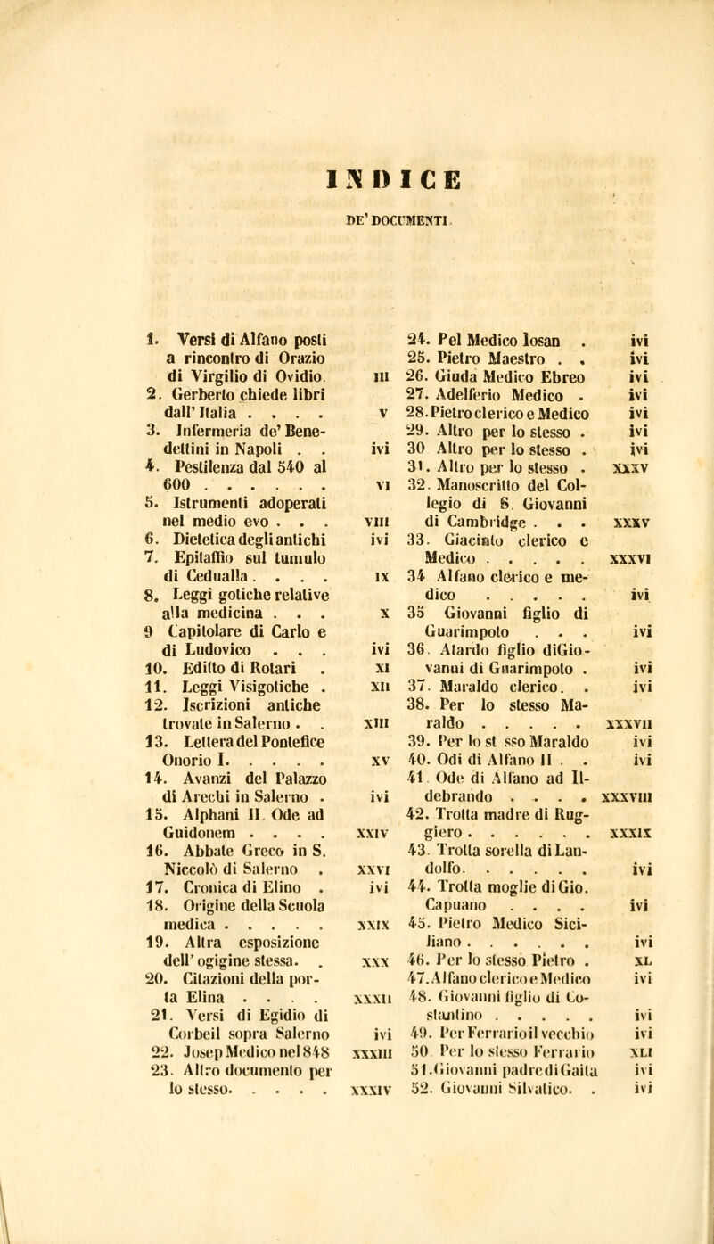 INDICE DE'DOCUMENTI 1. Versi di Alfano posti a rincontro di Orazio di Virgilio di Ovidio. in 2. Gerberlo chiede libri dall'Italia .... v 3. Infermeria de'Bene- dettini in Napoli . . ivi 4. Pestilenza dal 540 al 600 vi 5. Istrumenti adoperali nel medio evo . . . vili 6. Dietetica degli antichi ivi 7. Epitaffi» sul tumulo di Cedualla.... ix 8. Leggi gotiche relative alla medicina ... x 9 Capitolare di Carlo e di Ludovico ... ivi 10. Editto di Rotari . xi 11. Leggi Visigotiche . xn 12. Iscrizioni antiche trovale in Salerno . . xiii 13. Lettera del Pontefice Onorio I xv 14. Avanzi del Palazzo dì Arechi in Salerno . ivi 15. Alphani li Ode ad Guidonem .... xxiv 16. Abbate Greco in S. Niccolò di Salerno . xxvi 17. Cronica di Elino . ivi 18. Origine della Scuola medica xxix 19. Altra esposizione dell' ogigine stessa. . xxx 20. Citazioni della por- ta Elina .... xxxu 21. Versi di Egidio di Corbcil sopra Salerno ivi 22. JosepMedico nel 848 xxxm 23. Altro documento per 24. Pel Medico losan 25. Pietro Maestro . . 26. Giuda Medico Ebreo 27. Adelferio Medico . 28. Pietro clerico e Medico 29. Altro per lo slesso . 30 Altro per lo stesso . 31. A Uro pei* lo stesso . 32. Manoscritto del Col- legio di 8 Giovanni di Cambridge . . . 33. Giacinto clerico e Medico 34 Alfano clèrico e me- dico 35 Giovanni figlio di Guarimpoto . . . 36. Atardo figlio diGio- vanui di Guarimpoto . 37. Maraldo clerico. 38. Per lo slesso Ma- raldo 39. Per lo st sso Maraldo 40. Odi di Alfano II . . 41. Ode di Alfano ad Il- debrando .... 42. Trotta madre di Rug- giero 43. Trotta sorella di Lan- dolfo 44. Trotta moglie diGio. Capuano .... 45. Pietro Medico Sici- liano 46. Per lo stesso Pietro . 47. Alfano clerico e Medico 48. Giovanni tiglio di Co- stantino 49. Per Ferrarioil vecchio 50. Per lo siesso Ferrano 51.Giovanni padre di Gaita ivi ivi ivi ivi ivi ivi ivi XXXV XXXV XXXVI IVI ivi ivi ivi XXXVII ivi ivi XXXVIII xxxix IVI ivi ivi XL ivi ivi ivi XLI ivi