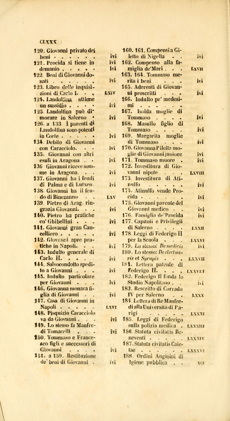 Ct.XXX 120. Giovanni privato dei ivi Iti. Precida si tiene in ivi demanio . . . . • ivi 122. tieni di Giovanni do- ivi 123. Libro delie inquisi- zioni di Carlo 1. • • LXlV 121. LandolSaa ottiene un sussidio . . • • ivi 125 Landolfma può di* morare in Salerno • ivi 126. a 133 1 parenti d) Landolfma sono potenti in Corte .... « ivi 134- Debito di Giovanni con Caracciolo. • • ivi 135. Giovanni con altri esuli in Aragona . • ivi 13G Giovanni riceve som- me in Aragona . . ivi 137. Giovanni ha i feudi di Palma e di Lulxen. ivi 138. Giovanni ha ii feu- do di Binezanno . . LXV 139. Pietro di Arag. rin- grazia Giovanni. • . ivi 140. Pietro ha pratiche co' Ghibellini . • . ivi 141. Giovanili gran Can- ivi 142. Giovanni apro pra- tiche in Napoli. . . iti 143. Indulto generale di Carlo li ivi 144. Saivocondotlo spedi- to a Giovanni . . . ivi 145. Indulto particolare per Giovanni . . . Ivi 146. Giovanna monaca fi- glia di Giovanni . . ivi 147. Casa di Giovanni in Napoli lxvi 148. Pjsquizio Caracciolo va da Giovanni. . . ivi 149. Lo stesso fa Manfre- di Tornaceli! . . . ivi 150. Tommaso e France- sco figli e successori di Giovanni .... ivi 151. a 159. Restituzione de'beni di Giovanni . ivi 160.161. Compensi a Gi- lelto di Nigella . . ivi 162. Compenso alla fa- miglia de'Mari . . . Lxvn 163. 164. Tommaso me- rita i beni ... ivi 165. Aderenti di Giovan- ni proscritti ... ivi 166. Indulto pe' medesi- mi ..... . 167. lsolda moglie di Tommaso .... ivi 168. Masullo figlio di Tommaso .... ivi 169. Margarita moglie di Tommaso ... ivi 170. Giovanna Piletta mo- glie di Giovanni juniore ivi 171. Tommaso muore . ivi 172. Investitura di Gio- vanni nipote • . Lxvm 173. Investitura di Ali- enilo ivi 174. Atinulfo vende Pro- cida ivi 175. Giovanni parente del Giovanni medico . . ivi 176. Famiglia do'Prncida ivi 177. Capitoli e Privilegi! di Salerno .... lxxii 178 Leggi di Federigo II per la Scuola . . . lxxvi 179. Lo stesso. Demedicis ivi 180. Lo slesso: De deci na- ri* et Syrupis . . . lxxvh iSl. Lettera patente di Federigo II. . . . lxxvui 182. Federigo II fonda lo Studio Napolitano . . i\i 183. Rescritto di Corrado tV per Salerno . . lxxx 18*. Lettera di Rie Manfre- di alla Università di Pa- rigi LXXXI 185. Leggi di Federigo sulla polizia medica . lxxxiii 186. Statuta civilalisBe- ncvenli i.xxxiv 187. Statuta civitalisCaic- lae lxxxvi 188. Ordini Angioini di Igiene pubblica . . xci