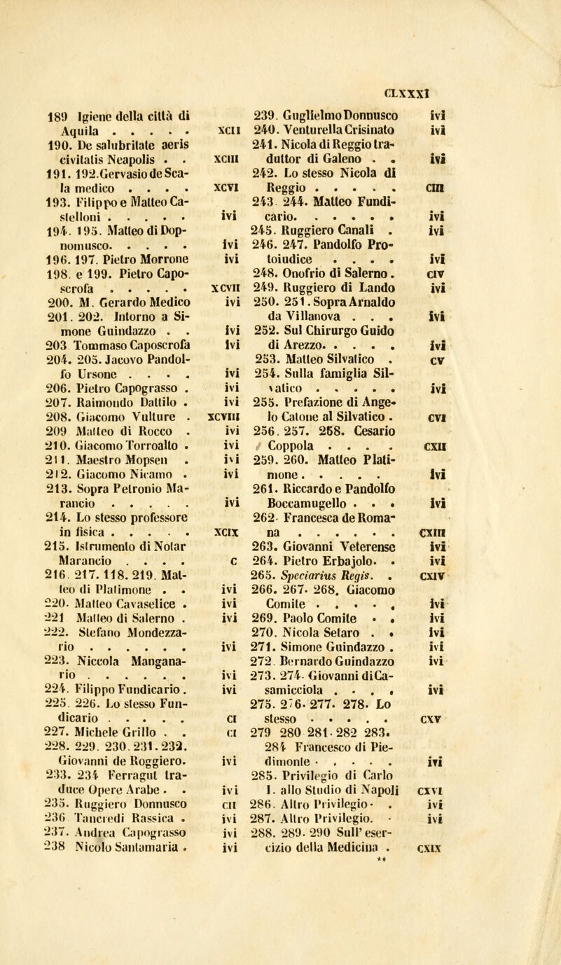 189 Igiene della città di 239. Guglielmo Donnusco ivi Aquila XCII 240. VenturellaCrisinato ivi 190. De salubrilate aeris 241. Nicola di Reggio Ira- civitatis Neapolis • • xeni duttor di Galeno . . ivi 191.192.Gervasio de Sca- 242. Lo stesso Nicola di la inedito .... XCVI cin 193. Filippo e Matteo Ca- 243 244. Matteo Fundi- ivi ivi 194. 195. Matteo di Dop- 245. Ruggiero Canali . ivi ivi 246. 247. Pandolfo Pro- 196.197. Pietro Morrone ivi toiudice .... ivi 198. e 199. Pietro Capo- 248. Onofrio di Salerno. CIV scrofa XCVH 249. Ruggiero di Landò ivi 200. M. Gerardo Medico ivi 250. 251. Sopra Arnaldo 201. 202. Intorno a Si- da Villanova . . . ivi mone Guindazzo . ivi 252. Sul Chirurgo Guido 203 Tommaso Caposcrofa Ivi di Arezzo ivi 204. 205. Jacovo Pandol- 253. Matteo Silvatico . cv fo Ursone .... ivi 254. Sulla famiglia Sil- 206. Pietro Capograsso . ivi ivi 207. Raimondo Dattilo . ivi 255. Prefazione di Ange- 208. Giacomo Vulture . XCVIII lo Catone al Silvatico. evi 209 Matteo di Rocco . ivi 256.257. 258. Cesario 210. Giacomo Torroalto • ivi Coppola .... CXII 211. Maestro Mopsen ivi 259. 260. Matteo Plati- 212. Giacomo Nicamo . ivi ivi 213. Sopra Petronio Ma- 261. Riccardo e Pandolfo rancio ivi Boccamugello . . • ivi 214. Lo stesso professore 262 Francesca de Roma- xax CXHI 215. Islrumenlo di Notar 263. Giovanni Veterense ivi Marancio .... e 264. Pietro Erbajolo. • ivi 216. 2t7.118. 219. Mat- 265. Spcciarius Reqis. . CXIV teo di Piali mone . . ivi 266. 267. 268. Giacomo 220. Matteo Cavaselice . ivi Cornile . . • • , ivi 221 Malleo di Salerno . ivi 269. Paolo Comite • . ivi 222. Stefano Mondezza- 270. Nicola Selaro . . ivi ivi 271. Simone Guindazzo . ivi 223. Niccola Mangana- 272 Bei nardo Guindazzo ivi ivi 273. 274 Giovanni diCa- 224. Filippo Fundicario. ivi samicciola . • . • ivi 225. 226. Lo stesso Fun- 275. 2^6- 277. 278. Lo dicario CI stesso CXV 227. Michele Grillo . . CI 279 280 281-282 283. 228. 229. 230.231.232. 284 Francesco di Pie- Giovanni de Roggiero. ivi dinionle • • ivi 233. 234 Fcrragut tra- 285. Privilegio di Carlo duce Opere Arabe • • ivi I. allo Studio di Napoli ex vi 235. Ruggiero Donnusco cu 286. Altro Privilegio- . ivi 236 Tancredi Rassica . ivi 287. Altro Privilegio. • ivi 237. Andrea Capograsso ivi 288. 289. 290 Sull' eser-
