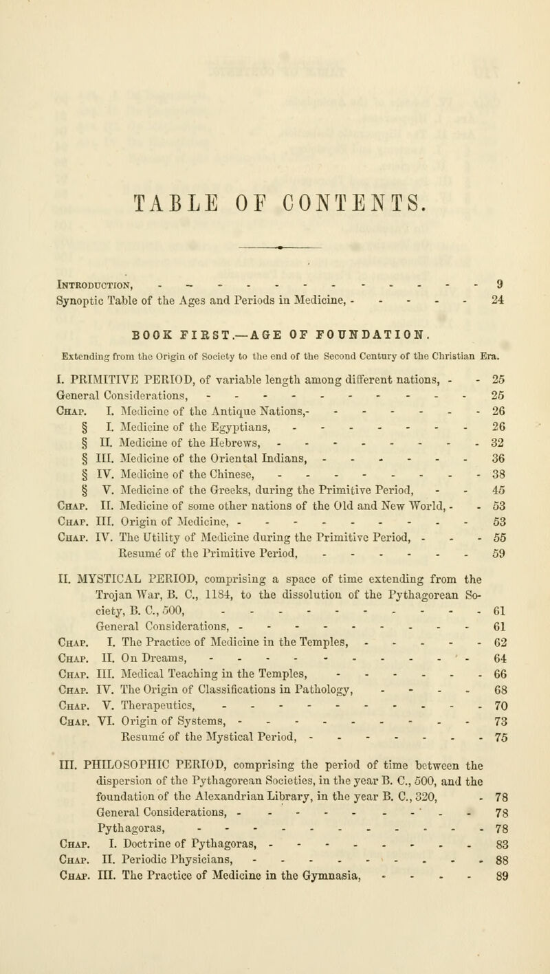 TABLE or CONTENTS. Introduction, .~- 9 Synoptic Table of the Ages and Periods in Medicine, 24 BOOK FIRST.—AGE OF FOUNDATION. Extending from the Origin of Society to the end of the Second Century of the Christian Era. I. PRIMITIVE PERIOD, of variable length among different nations, - - 25 General Considerations, 25 Chap. I. iMedicine of the Antique Nations, 26 § I. Medicine of the Egyptians, 26 § IL Medicine of the Hebrews, 32 § III. Medicine of the Oriental Indians, 36 § IV. Medicine of the Chinese, 38 § V. Medicine of the Greeks, during the Primitive Period, - - 45 Chap. II. Medicine of some other nations of the Old and New World, - - 53 Chap. III. Origin of Medicine, 53 Chap. IV. The Utility of Medicine during the Primitive Period, - - - 55 Resume of the Primitive Period, 59 II. MYSTICAL PERIOD, comprising a space of time extending from the Trojan War, B. C, 1184, to the dissolution of the Pythagorean So- ciety, B. C, 500, - - - - 61 General Considerations, ---61 Chap, I. The Practice of Medicine in the Temples, 62 Chap. II. On Dreams, -64 Chap. III. Medical Teaching in the Temples, 66 Chap. IV. The Origin of Classifications in Pathology, - - . . 68 Chap. V. Therapeutics, 70 Chap. VI. Origin of Systems, --73 Resume of the Mystical Period, -----..75 in. PHILOSOPHIC PERIOD, comprising the period of time between the dispersion of the Pythagorean Societies, in the year B. C, 500, and the foundation of the Alexandrian Library, in the year B. C, 320, - 78 General Considerations, - - 78 Pythagoras, ....78 Chap. I. Doctrine of Pythagoras, --- 83 Chap. II. Periodic Physicians, 88 Chap. III. The Practice of Medicine in the Gymnasia, - - - - 89