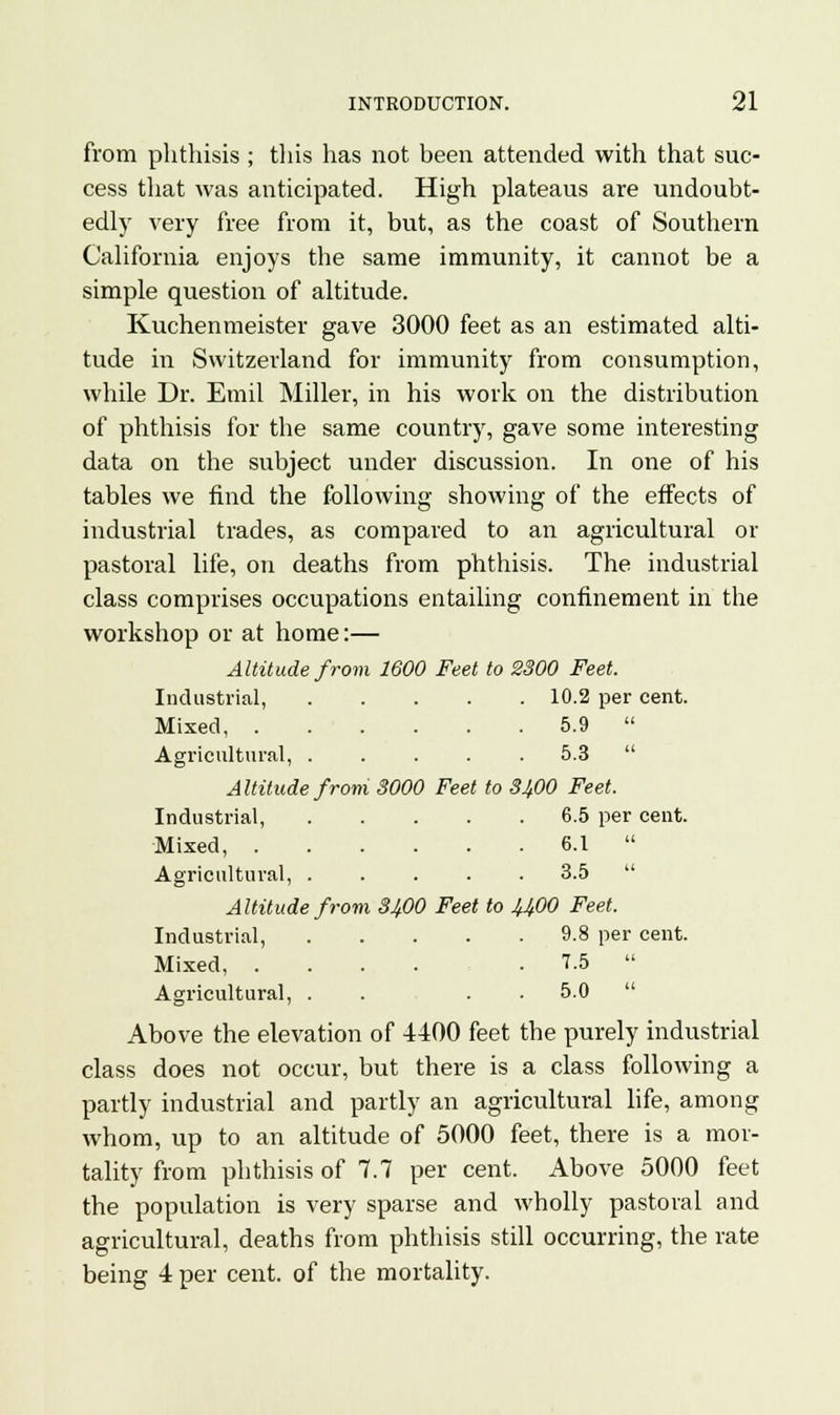 from phthisis ; this has not been attended with that suc- cess that was anticipated. High plateaus are undoubt- edly very free from it, but, as the coast of Southern California enjoys the same immunity, it cannot be a simple question of altitude. Kuchenmeister gave 3000 feet as an estimated alti- tude in Switzerland for immunity from consumption, while Dr. Emil Miller, in his work on the distribution of phthisis for the same country, gave some interesting data on the subject under discussion. In one of his tables we find the following showing of the effects of industrial trades, as compared to an agricultural or pastoral life, on deaths from phthisis. The industrial class comprises occupations entailing confinement in the workshop or at home:— Altitude from 1600 Feet to 2300 Feet. Industrial, 10.2 per cent. Mixed, 5.9  Agricultural, 5.3  Altitude from 3000 Feet to 31,00 Feet. Industrial, 6.5 per cent. Mixed, 6.1  Agricultural, 3.5  Altitude from 31,00 Feet to U00 Feet. Industrial, 9.8 per cent. Mixed, .... 7.5  Agricultural, . . . . 5.0  Above the elevation of 4400 feet the purely industrial class does not occur, but there is a class following a partly industrial and partly an agricultural life, among whom, up to an altitude of 5000 feet, there is a mor- tality from phthisis of 7.7 per cent. Above 5000 feet the population is very sparse and wholly pastoral and agricultural, deaths from phthisis still occurring, the rate being 4 per cent, of the mortality.