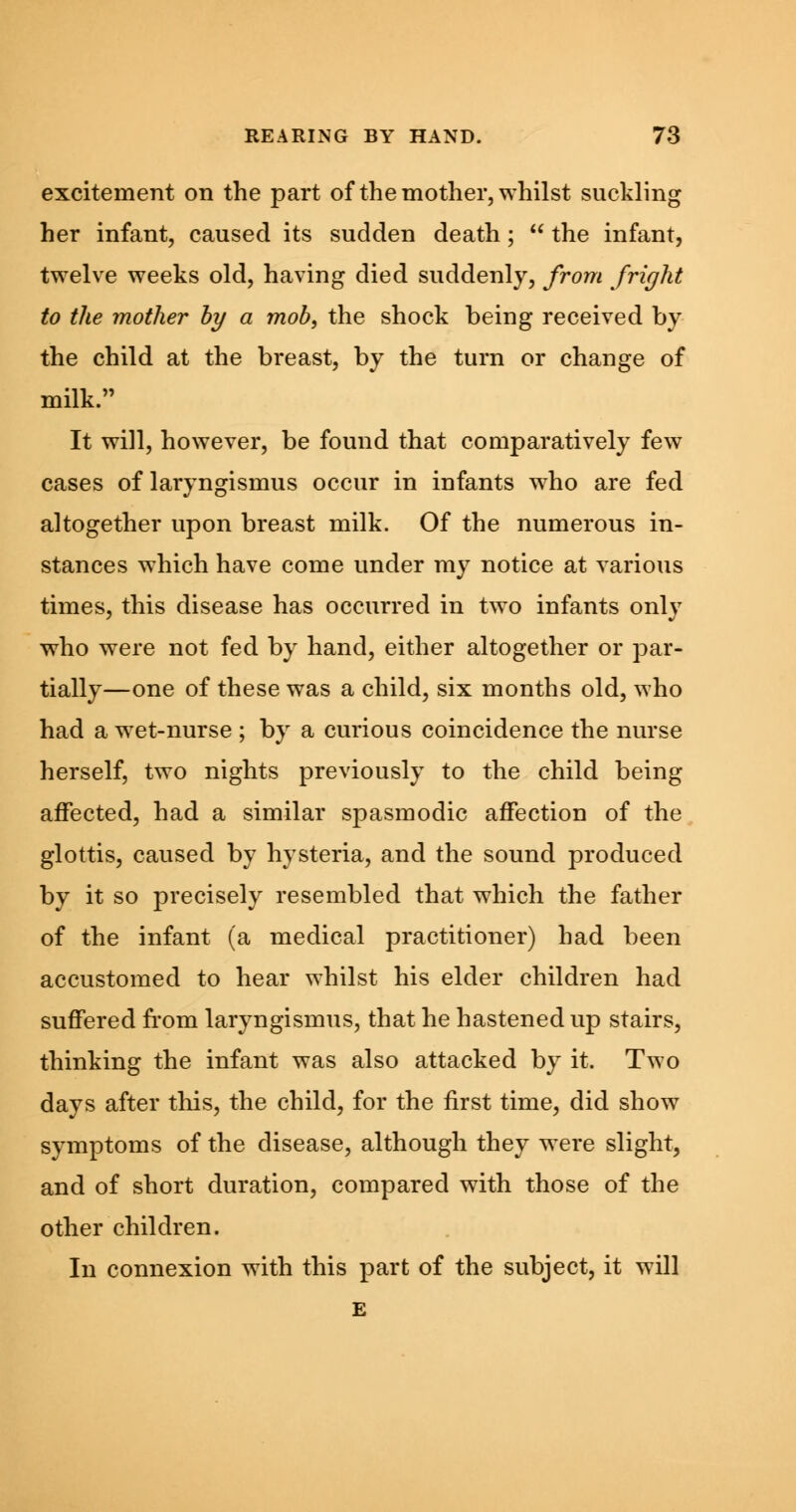 excitement on the part of the mother, whilst suckling her infant, caused its sudden death ;  the infant, twelve weeks old, having died suddenly, from fright to the mother by a mob, the shock being received by the child at the breast, by the turn or change of milk. It will, however, be found that comparatively few cases of laryngismus occur in infants who are fed altogether upon breast milk. Of the numerous in- stances which have come under my notice at various times, this disease has occurred in two infants only who were not fed by hand, either altogether or par- tially—one of these was a child, six months old, who had a wet-nurse ; by a curious coincidence the nurse herself, two nights previously to the child being affected, had a similar spasmodic affection of the glottis, caused by hysteria, and the sound produced by it so precisely resembled that which the father of the infant (a medical practitioner) had been accustomed to hear whilst his elder children had suffered from laryngismus, that he hastened up stairs, thinking the infant was also attacked by it. Two days after this, the child, for the first time, did show symptoms of the disease, although they were slight, and of short duration, compared with those of the other children. In connexion with this part of the subject, it will E