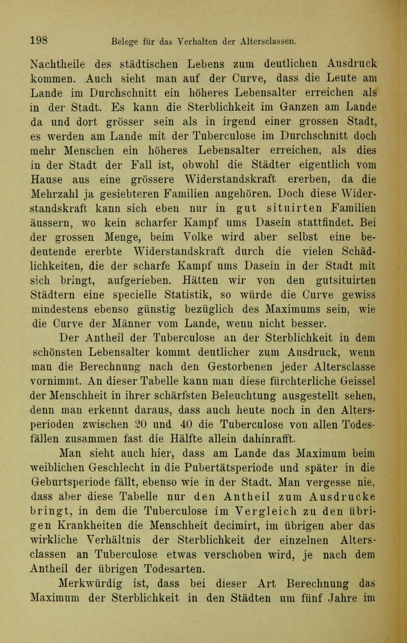 Nachtheile des städtischen Lebens zum deutlichen Ausdruck kommen. Auch sieht man auf der Curve, dass die Leute am Lande im Durchschnitt ein höheres Lebensalter erreichen als in der Stadt. Es kann die Sterblichkeit im Ganzen am Lande da und dort grösser sein als in irgend einer grossen Stadt, es werden am Laude mit der Tuberculose im Durchschnitt doch mehr Menschen ein höheres Lebensalter erreichen, als dies in der Stadt der Fall ist, obwohl die Städter eigentlich vom Hause aus eine grössere Widerstandskraft ererben, da die Mehrzahl ja gesiebteren Familien angehören. Doch diese Wider- standskraft kann sich eben nur in gut situirten Familien äussern, wo kein scharfer Kampf ums Dasein stattfindet. Bei der grossen Menge, beim Volke wird aber selbst eine be- deutende ererbte Widerstandskraft durch die vielen Schäd- lichkeiten, die der scharfe Kampf ums Dasein in der Stadt mit sich bringt, aufgerieben. Hätten wir von den gutsituirten Städtern eine specielle Statistik, so würde die Curve gewiss mindestens ebenso günstig bezüglich des Maximums sein, wie die Curve der Männer vom Lande, wenn nicht besser. Der Antheil der Tuberculose an der Sterblichkeit in dem schönsten Lebensalter kommt deutlicher zum Ausdruck, wenn man die Berechnung nach den Gestorbenen jeder Altersclasse vornimmt. An dieser Tabelle kann man diese fürchterliche Geissei der Menschheit in ihrer schärfsten Beleuchtung ausgestellt sehen, denn man erkennt daraus, dass auch heute noch in den Alters- perioden zwischen 20 und 40 die Tuberculose von allen Todes- fällen zusammen fast die Hälfte allein dahinrafft. Man sieht auch hier, dass am Lande das Maximum beim weiblichen Geschlecht in die Pubertätsperiode und später in die Geburtsperiode fällt, ebenso wie in der Stadt. Man vergesse nie, dass aber diese Tabelle nur den Antheil zum Ausdrucke bringt, in dem die Tuberculose im Vergleich zu den übri- gen Krankheiten die Menschheit decimirt, im übrigen aber das wirkliche Verhältnis der Sterblichkeit der einzelnen Alters- classen an Tuberculose etwas verschoben wird, je nach dem Antheil der übrigen Todesarten. Merkwürdig ist, dass bei dieser Art Berechnung das Maximum der Sterblichkeit in den Städten um fünf Jahre im