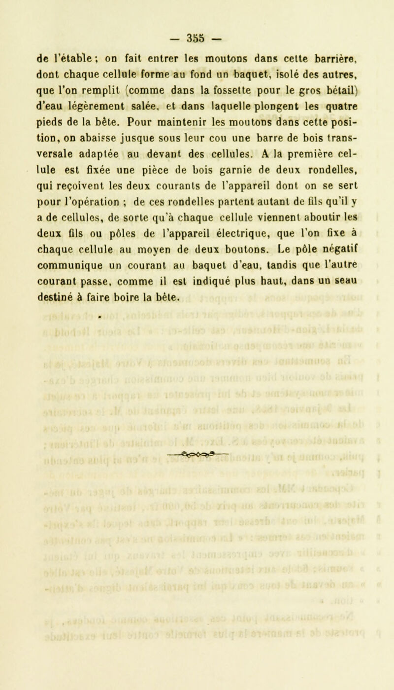 de l'étable ; on fait entrer les moutoDS dans cette barrière, dont chaque cellule forme au fond un baquet, isolé des autres, que l'on remplit (comme dans la fossette pour le gros bétail) d'eau légèrement salée, et dans laquelle plongent les quatre pieds de la bête. Pour maintenir les moutons dans cette posi- tion, on abaisse jusque sous leur cou une barre de bois trans- versale adaptée au devant des cellules. A la première cel- lule est fixée une pièce de bois garnie de deux rondelles, qui reçoivent les deux courants de l'appareil dont on se sert pour l'opération ; de ces rondelles partent autant de fils qu'il y a de cellules, de sorte qu'à chaque cellule viennent aboutir les deux fils ou pôles de l'appareil électrique, que l'on fixe à chaque cellule au moyen de deux boutons. Le pôle négatif communique un courant au baquet d'eau, tandis que l'autre courant passe, comme il est indiqué plus haut, dans un seau destiné à faire boire la bète.