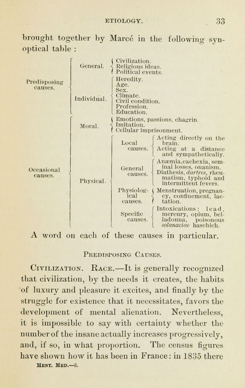 brought together by Marce in the following syn- optical table : Predisposing causes. Occasional causes. General. Individual. Moral. Physical. ( Civilization. -J Religious ideas. ( Political events. Heredity. Age. Sex. Climate. Civil condition. Profession. I. Education. ( Emotions, passions, chagrin. < Imitation. I Cellular imprisonment. f f Acting directly on (lie Local J brain, causes. 1 Acting at a distance and sympathetically. I Ana?mia,cachexia, sem- inal losses, onanism. Diathesis, dartres, rheu- matism, typhoid and intermittent fevers. Physiolog- I Menstruation, pregnan- ical < cy, confinement, lac- causes, f tation. f Intoxications : lead, Specific J mercury, opium, bel- causes. 1 ladonna, poisonous [ solanac'uw haschich. A word on each of these causes in particular. Predisposing Causes. Civilization. Race.—It is generally recognized that civilization, by the needs it creates, the habits 'of luxury and pleasure it excites, and finally by the struggle for existence that it necessitates, favors the development of mental alienation. Nevertheless, it is impossible to say with certainty whether the number of the insane actually increases progressively, and, if so, in what jtroportion. The census figures have shown how it has been in France: in 1835 there Ment. Med.—3.