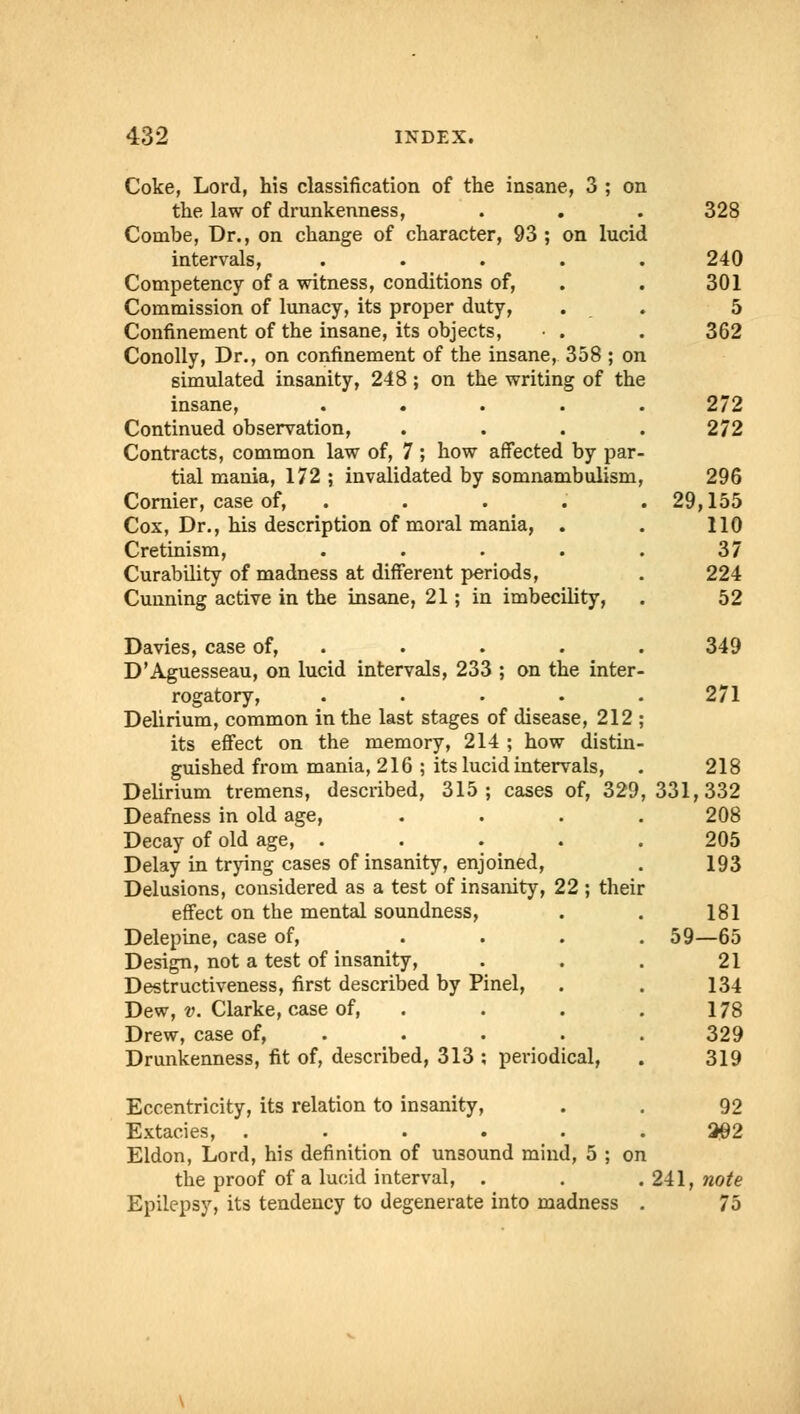 Coke, Lord, his classification of the insane, 3 ; on the law of drunkenness, . . . 328 Cornbe, Dr., on change of character, 93 ; on lucid intervals, ..... 240 Competency of a witness, conditions of, . . 301 Commission of lunacy, its proper duty, . . 5 Confinement of the insane, its objects, ■ . . 362 Conolly, Dr., on confinement of the insane, 358 ; on simulated insanity, 248; on the writing of the insane, ..... 272 Continued observation, .... 272 Contracts, common law of, 7; how affected by par- tial mania, 172 ; invalidated by somnambulism, 296 Cornier, case of, ..... 29,155 Cox, Dr., his description of moral mania, . . 110 Cretinism, . . . . . 37 Curability of madness at different periods, . 224 Cunning active in the insane, 21; in imbecility, . 52 Davies, case of, . . . . .349 D'Aguesseau, on lucid intervals, 233 ; on the inter- rogatory, ..... 271 Delirium, common in the last stages of disease, 212 ; its effect on the memory, 214 ; how distin- guished from mania, 216 ; its lucid intervals, . 218 Delirium tremens, described, 315; cases of, 329,331,332 Deafness in old age, .... 208 Decay of old age, ..... 205 Delay in trying cases of insanity, enjoined, . 193 Delusions, considered as a test of insanity, 22 ; their effect on the mental soundness, . . 181 Delepine, case of, .... 59—65 Design, not a test of insanity, ... 21 Destructiveness, first described by Pinel, . . 134 Dew, v. Clarke, case of, . . . .178 Drew, case of, .... 329 Drunkenness, fit of, described, 313 : periodical, . 319 Eccentricity, its relation to insanity, . . 92 Extacies, ...... 392 Eldon, Lord, his definition of unsound mind, 5 ; on the proof of a lucid interval, . . .241, note Epilepsy, its tendency to degenerate into madness . 75