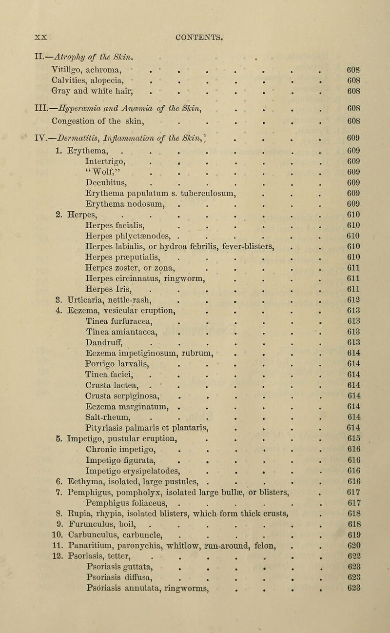 II.—Atrophy of tlie Skin. Vitiligo, achroma, ■ . ' , Calvities, alopecia, .... Gray and white hair, .... III.—Hypermmia and Ancemia of the Skin, Congestion of the skin, IV.—Dermatitis, Inflammation of the Skin,] 1. Erythema, ..... Intertrigo, .... Wolf, .... Decubitus, .... Erythema papulatum s. tuberculosum, Erythema nodosum, 2. Herpes, ..... Herpes facialis, Herpes phlyctsenodes, . Herpes labialis, or hydroa febrilis, fever-blisters, Herpes prseputialis. Herpes zoster, or zona, Herpes circinnatus, ringworm, Herpes Iris, 3. Urticaria, nettle-rash, 4. Eczema, vesicular eruption, Tinea furfuracea. Tinea amiantacea, Dandruif, Eczema impetiginosum, rubrum, Porrigo larvalis, Tinea faciei, Crusta lactea, Orusta serpiginosa. Eczema marginatum, Salt-rheum, Pityriasis palmaris et plantaris, 5. Impetigo, pustular eruption, Chronic impetigo. Impetigo figurata. Impetigo erysipelatodes, 6. Ecthyma, isolated, large pustules, . 7. Pemphigus, pompholyx, isolated large bullse, or blisters, Pemphigus foliaceus, 8. Rupia, rhypia, isolated blisters, which form thick crusts, 9. Furunculus, boil, 10. Carbunculus, carbuncle, 11. Panaritium, paronychia, whitlow, run-around, felon, 13. Psoriasis, tetter. Psoriasis guttata, . , Psoriasis diffusa, Psoriasis annulata, ringworms.