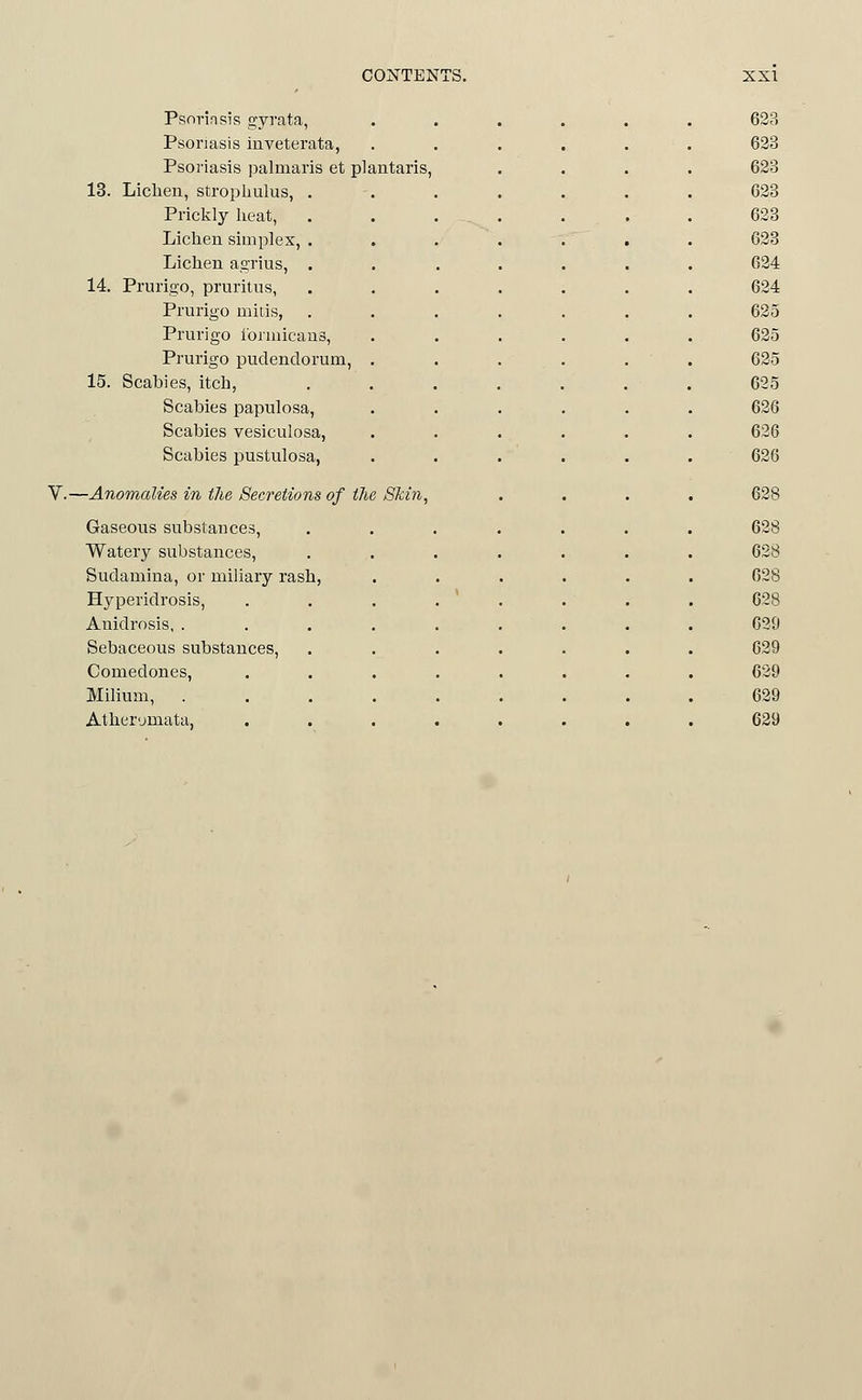 V. 13. Lichen, strophulus, . 623 Prickly heat, . . . . 623 Lichen simplex, . 623 Lichen asTius, . 624 14. Prurigo, pruritus. 624 Prurigo mitis, 625 Prurigo iorniicaus. 625 Prurigo pudendorum, . 625 15. Scabies, itch, .... 625 Scabies papulosa, 626 Scabies vesiculosa, 626 Scabies pustulosa, 626 -Anomalies in the Secretions of the 8Mn, 628 Gaseous substances. 628 Watery substances. 628 Sudamina, or miliary rash, 628 Hyperidrosis, . . . . ' 628 Anidrosis, ..... 620 Sebaceous substances. 629 Comedones, .... 629 Milium, ..... 629 Atherymata, .... 629