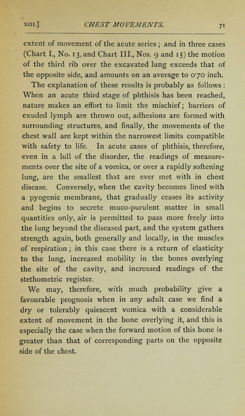 XIII.] CHEST MOVEMENTS. ji extent of movement of the acute series ; and in three cases (Chart I., No. 13, and Chart III., Nos. 9 and 15) the motion of the third rib over the excavated lung exceeds that of the opposite side, and amounts on an average to 070 inch. The explanation of these results is probably as follows : When an acute third stage of phthisis has been reached, nature makes an effort to limit the mischief; barriers of exuded lymph are thrown out, adhesions are formed with surrounding structures, and finally, the movements of the chest wall are kept within the narrowest limits compatible with safety to life. In acute cases of phthisis, therefore, even in a lull of the disorder, the readings of measure- ments over the site of a vomica, or over a rapidly softening lung, are the smallest that are ever met with in chest disease. Conversely, when the cavity becomes lined with a pyogenic membrane, that gradually ceases its activity and begins to secrete muco-purulent matter in small quantities only, air is permitted to pass more freely into the lung beyond the diseased part, and the system gathers strength again, both generally and locally, in the muscles of respiration ; in this case there is a return of elasticity to the lung, increased mobility in the bones overlying the site of the cavity, and increased readings of the stethometric register. We may, therefore, with much probability give a favourable prognosis when in any adult case we find a dry or tolerably quiescent vomica with a considerable extent of movement in the bone overlying it, and this is especially the case when the forward motion of this bone is greater than that of corresponding parts on the opposite side of the chest.