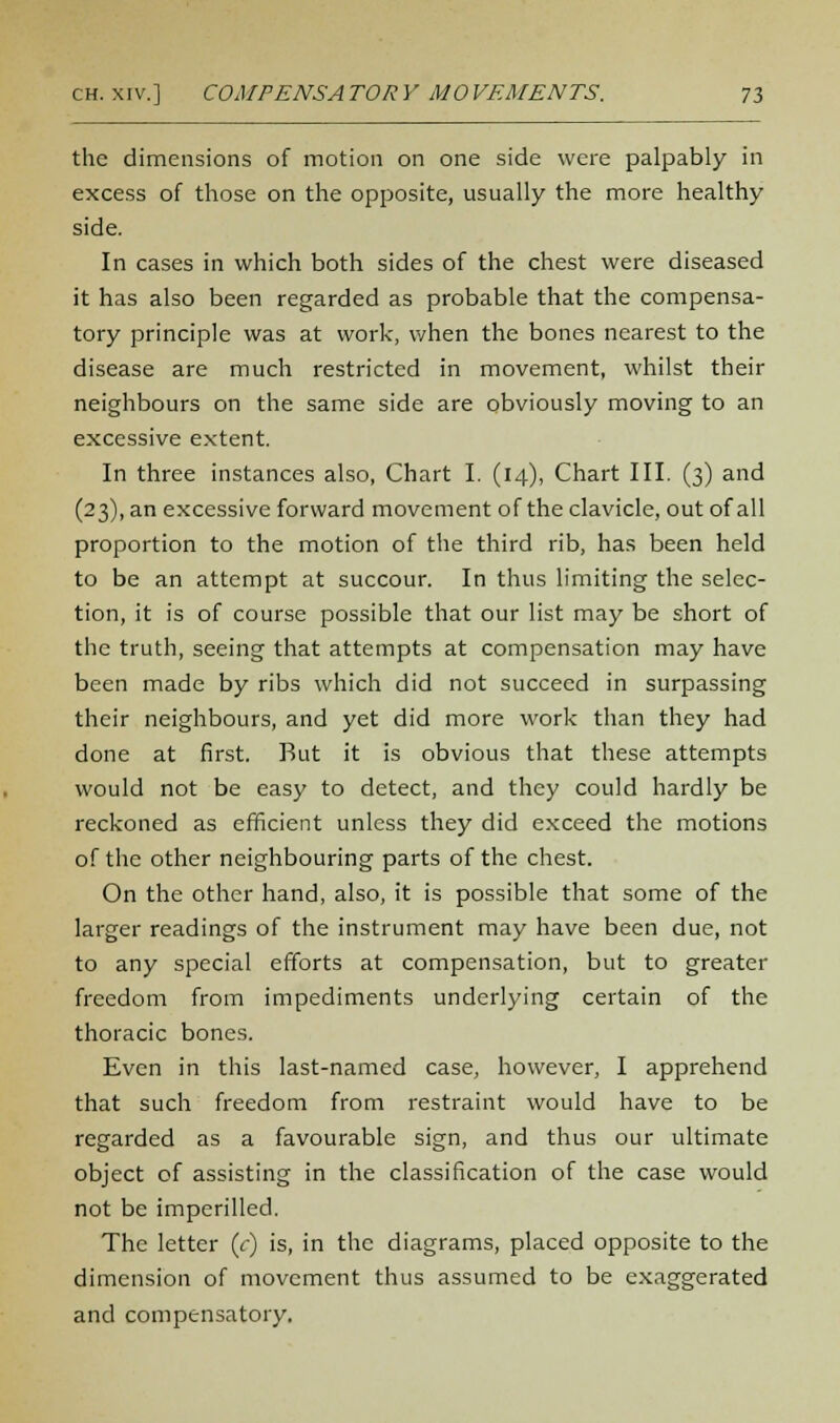 the dimensions of motion on one side were palpably in excess of those on the opposite, usually the more healthy side. In cases in which both sides of the chest were diseased it has also been regarded as probable that the compensa- tory principle was at work, when the bones nearest to the disease are much restricted in movement, whilst their neighbours on the same side are obviously moving to an excessive extent. In three instances also, Chart I. (14), Chart III. (3) and (23), an excessive forward movement of the clavicle, out of all proportion to the motion of the third rib, has been held to be an attempt at succour. In thus limiting the selec- tion, it is of course possible that our list may be short of the truth, seeing that attempts at compensation may have been made by ribs which did not succeed in surpassing their neighbours, and yet did more work than they had done at first. Rut it is obvious that these attempts would not be easy to detect, and they could hardly be reckoned as efficient unless they did exceed the motions of the other neighbouring parts of the chest. On the other hand, also, it is possible that some of the larger readings of the instrument may have been due, not to any special efforts at compensation, but to greater freedom from impediments underlying certain of the thoracic bones. Even in this last-named case, however, I apprehend that such freedom from restraint would have to be regarded as a favourable sign, and thus our ultimate object of assisting in the classification of the case would not be imperilled. The letter (V) is, in the diagrams, placed opposite to the dimension of movement thus assumed to be exaggerated and compensatory.