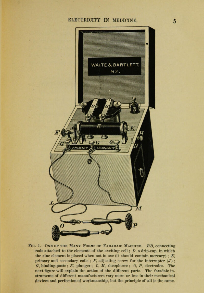 Fig. 1.—One of the Many Forms of Faradaic Maciune. BB, connecting rods attached to the element* of the exciting cell ; It, a drip-cup, in which the zinc element is placed when not in use (it should contain mercury); E^ primary and secondary coils ; F, adjusting BCT6W for tin- interrupter (./) ; 67, binding-posts ; A', plunger ; Z, ^f, rheophores ; 0, P, electrodes. The next figure will explain the action of the different parts. The faradaic in- strument* of different manufacturers vary more or less in their mechanical devices and perfection of workmanship, but the principle of all is the same.