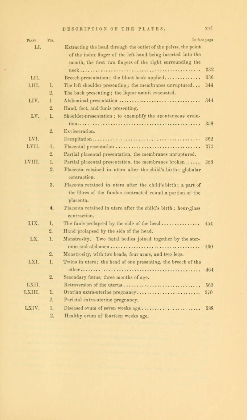 PUT' Fio. LI. ing the head through the oatlet of the pelvis, the point of tlie indei Bnger of the l-l't hand being inserted into tho month, the first two fingers of tlio right surrounding the invk 332 LI I. Breech-presentation; the blunt hook applied 338 I.III. 1. The left shoulder presenting; the membranes unruptured. .• 344 2. The baok presenting; the liquor amnii evacuated. I.IV. 1 Abdominal presentation 344 2. Hand, foot, and funis presenting. LV. 1. Shoulder-presentation ; to exemplify the spontaneous evolu- tion 358 2. F.xviseeration. LVI. Decapitation 362 LTII. 1. Plaoental presentation 372 2. Partial placental presentation, the membranes unruptured. LVIII. 1. Partial placental presentation, the membranes broken 388 2. Placenta retained in utero after the child's birth ; globular contraction. 3. Plaoenta retained in utero after the child's birth ; a part of the fibres of the fundus contracted round a portion of the placenta. 4. Placenta retained in utero after the child's birth ; hour-glass contraction. I.IX. 1. The funis prolapsed by the side of the head 454 Hand prolapsed by the ride of the head. l.X. 1. Monstrosity. Two foetal bodies joined together by the ster- num and abdomen 460 2. Monstrosity, with two heads, four arms, and two legs. I.XI. 1. Twins in utero; the head of one presenting, the breech of tho other 4G4 B BCondary foetus, three months of age. IXII. Retroversion of the uterus 500 I.XIII 1. Ovarian extra-uterine pregnancy 570 2. Parietal extra-uterine pregnancy. LXIV. 1. Diseased ovum of seven weeks age 588 2. Healthy ovum of fourteen weeks age.