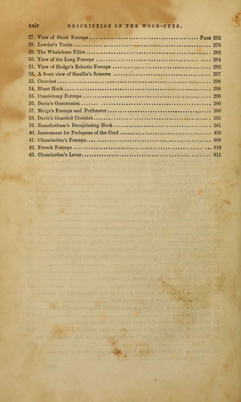 27. View of Short Forceps Page 262 28. Lowder's Vectis 276 29. The Whalebone Fillet 282 30. View of the Long Forceps 284 31. View of Hodge's Eclectic Forceps 292 32. A front view of Smellie's Scissors 297 33. Crotchet 298 34. Blunt Hook 298 35. Craniotomy Forceps 298 36. Davis's Osteotomist 300 37. Meigs's Forceps and Perforator 300 38. Davis's Guarded Crotchet 303 39. Ramsbotham's Decapitating Hook 361 40. Instrument for Prolapsus of the Cord 456 41. Chamberlen's Forceps 608 42. French Forceps 610 43. Chamberlen's Lever 611