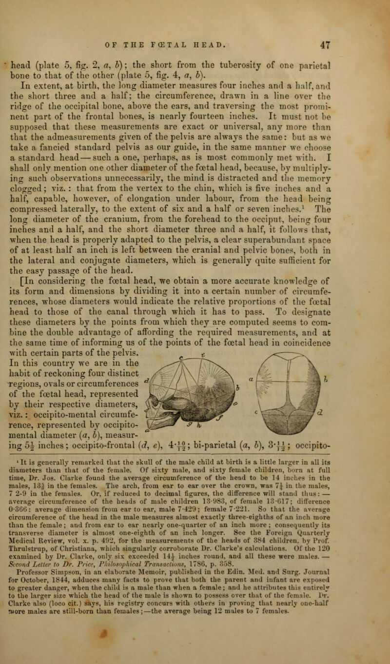 head (plate 5, fig. 2, a, b); the short from the tuberosity of one parietal bone to that of the other (plate 5, fig. 4, a, b). In extent, at birth, the long diameter measures four inches and a half,and the short three and a half; the circumference, drawn in a line over the ridge of the occipital bone, above the ears, and traversing the most promi- nent part of the frontal bones, is nearly fourteen inches. It must not be supposed that these measurements are exact or universal, any more than that the admeasurements given of the pelvis are always the same: but as we take a fancied standard pelvis as our guide, in the same manner we choose a standard head — such a one, perhaps, as is most commonly met with. I shall only mention one other diameter of the foetal head, because, by multiply- ing such observations unnecessarily, the mind is distracted and the memory clogged ; viz. : that from the vertex to the chin, which is five inches and a half, capable, however, of elongation under labour, from the head being compressed laterally, to the extent of six and a half or seven inches.1 The long diameter of the cranium, from the forehead to the occiput, being four inches and a half, and the short diameter three and a half, it follows that, when the head is properly adapted to the pelvis, a clear superabundant space of at least half an inch is left between the cranial and pelvic bones, both in the lateral and conjugate diameters, which is generally quite sufficient for the easy passage of the head. [In considering the foetal head, we obtain a more accurate knowledge of its form and dimensions by dividing it into a certain number of circumfe- rences, whose diameters would indicate the relative proportions of the foetal head to those of the canal through which it has to pass. To designate these diameters by the points from which they are computed seems to com- bine the double advantage of affording the required measurements, and at the same time of informing us of the points of the foetal head in coincidence with certain parts of the pelvis. In this country we are in the habit of reckoning four distinct regions, ovals or circumferences of the foetal head, represented by their respective diameters, viz.: occipito-mental circumfe- rence, represented by occipito- mental diameter (a, b), measur- ing 5J inches; occipitofrontal (d, e), 4-I§; bi-parietal (a, 6), 3--U; occipito- ' It is generally remarked that the skull of the male child at birth is a little larger in all its diameters than that of the female. Of sixty male, and sixty female children, born at full time, Dr. Jos. Clarke found the average circumference of the head to be 14 inches in the males, 13^ in the females. The arch, from ear to ear over the crown, was 7} in the males, 7 2-9 in the females. Or, if reduced to decimal figures, the difference will stand thus: — average circumference of the heads of male children 13-983, of female 13017; difference 036b': average dimension from ear to ear, male 7-429; female 7221. So that the circumference of the head in the male measures almost exactly three-eighths of an inch more than the female; and from ear to ear nearly one-quarter of an inch more ; consequently its transverse diameter is almost one-eighth of an inch longer. See the Foreign Quarterly Medical Review, vol. x. p. 492, for the measurements of the heads of 384 children, by Prof. Thrulstrup, of Christiana, which singularly corroborate Dr. Chirke's calculations. Of the 120 examined by Dr. Clarke, only six exceeded 14.} inches round, and all these were males. — Second Letter to Dr. Price, Philosophical Transactions, 178G, p. 358. Professor Simpson, in an elaborate Memoir, published in the Edin. Med. and Surg. Journal for October, 1844, adduces many facts to prove that both the parent and infant are exposed to greater danger, when the child is a male than when a female; and he attributes this entirely to the larger size which the head of the male is shown to possess over that of the female. Dr. Clarke also (loco cit.) says, his registry concurs with others in proving that nearly one-half more males are still-born than females;—the average being 12 males to 7 females.
