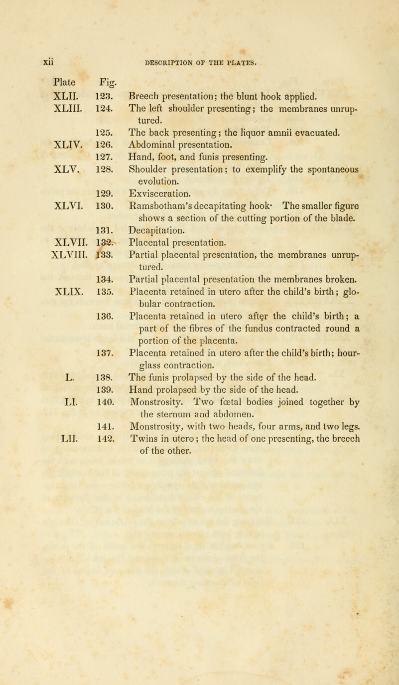 Plate Fig. XLII. 123. XLIII. 124. 125. XLIV. 126. 127. XLV. 128. 129. XLVI. 130. 131. XLVII. 132. XLVIII. 133. 134. XLIX. 135. 136. 137. L. 138. 139. LI. 140. 141. LII. 142. Breech presentation; the blunt hook applied. The left shoulder presenting; the membranes unrup- tured. The back presenting; the liquor amnii evacuated. Abdominal presentation. Hand, foot, and funis presenting. Shoulder presentation; to exemplify the spontaneous evolution. Exvisceration. Ramsbotham's decapitating hook* The smaller figure shows a section of the cutting portion of the blade. Decapitation. Placental presentation. Partial placental presentation, the membranes unrup- tured. Partial placental presentation the membranes broken. Placenta retained in utero after the child's birth; glo- bular contraction. Placenta retained in utero after the child's birth; a part of the fibres of the fundus contracted round a portion of the placenta. Placenta retained in utero after the child's birth; hour- glass contraction. The funis prolapsed by the side of the head. Hand prolapsed by the side of the head. Monstrosity. Two fcetal bodies joined together by the sternum and abdomen. Monstrosity, with two heads, four arms, and two legs. Twins in utero; the head of one presenting, the breech of the other.