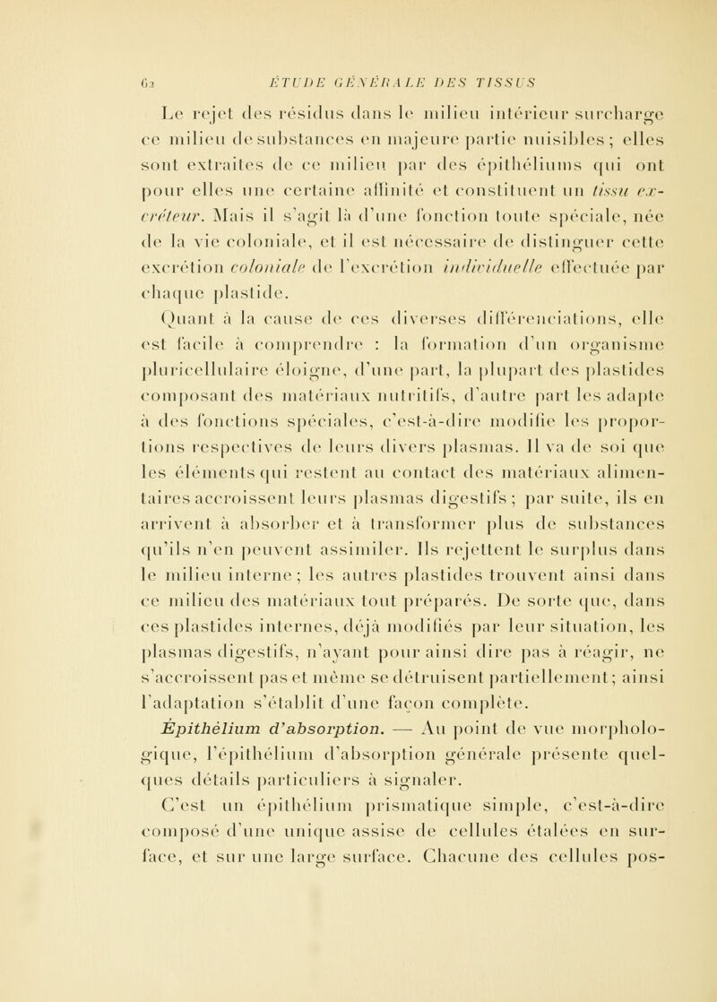 Le rejet des résidus dans le milieu intérieur surcharge ce milieu de substances en majeure partie nuisibles; elles sont extraites de ce milieu par des épithéliums qui ont pour elles une certaine affinité et constituent un tissu ex- créteur. Mais il s'agit là d'une fonction toute spéciale, née de la vie coloniale, et il est nécessaire de distinguer cette excrétion coloniale de l'excrétion individuelle effectuée par chaque plastide. Quant à la cause de ces diverses différenciations, elle est facile à comprendre : la formation d'un organisme pluricellulaire éloigne, d'une part, la plupart des plastides composant des matériaux nutritifs, d'autre part les adapte à des fonctions spéciales, c'est-à-dire modifie les propor- tions respectives de leurs divers plasmas. Il va de soi que les éléments qui restent au contact des matériaux alimen- taires accroissent leurs plasmas digestifs; par suite, ils en arrivent à absorber et à transformer plus de substances qu'ils n'en peuvent assimiler. Ils rejettent le surplus dans le milieu interne ; les autres plastides trouvent ainsi dans ce milieu des matériaux tout préparés. De sorte cpie, dans ces plastides internes, déjà modifiés par leur situation, les plasmas digestifs, n'ayant pour ainsi dire pas à réagir, ne s'accroissent pas et même se détruisent partiellement; ainsi l'adaptation s'établit dune façon complète. Êpithèlium d'absorption. — Au point de vue morpholo- gique, l'épithélium d'absorption générale présente quel- ques détails particuliers à signaler. C'est un épithélium prismatique simple, c'est-à-dire composé d'une unique assise de cellules étalées en sur- face, et sur une large surface. Chacune des cellules pos-