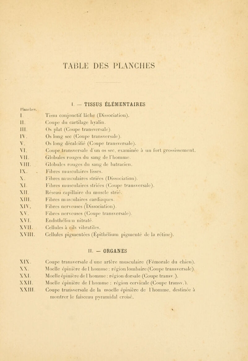 TABLE DES PLANCHES r. - TISSUS ELEMENTAIRES Planches. 1 Tissu conjonctif lâche (Dissociation). II. Coupe du cartilage hyalin. III. ils plal (Coupe transversale). 1\ . Os long sec (Coupe transversale). V. Os long décalcifie (Coupe transversale). VI. ( loupe transversale d'un os sec, examinée à un forl grossissement, VII. Globules rouges du sang de l'homme. VIII. . Globules rouges du sang de batracien. 1\. . Fibres musculaires lisses. \. Fibres musculaires striées (Dissociation). XI. Fibres musculaires striées (Coupe transversale). XII. Réseau capillaire du muscle strié. XIII. Fibres musculaires cardiaques. \|\ . Fibres nerveuses (Dissociation). \\ . Fibres nerveuses (Coupe transversale). XVI. Endothélium nitrate. XVII. Cellules ;i cils vibratiles. Wlll. Cellules pigmentées (Epilhélium pigmenté delà rétine). II. - ORGANES \I\ Coupe transversale dune artère musculaire (Fémorale du chien). \ \ Moelle épinière de 1 homme : région lombaire (Coupe transversale). XXI. Moelle épinière de 1 homme : région dorsale (Coupe transv.). XXII. Moelle épinière de l'homme : région cervicale (Coupe transv.Y XXIII. Coupe transversale de la moelle épinière de l'homme, destinée à montrer le faisceau pyramidal croisé.