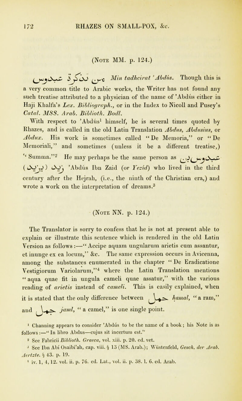 (Note MM. p. 124.) / wu»cX*£ i5 iiOJ /.«-« Min tadhcirat 'Abdus. Though this is a very common title to Arabic works, the Writer has not found any such treatise attributed to a physician of the name of 'Abdus either in Haji Khalfa's Lex. Bibliograph., or in the Index to Nicoll and Pusey's Catal. MSS. Arab. Biblioth. Bodl. With respect to 'Abdus1 himself, he is several times quoted by Rhazes, and is called in the old Latin Translation Abdus, Abdusius, or Abdux. His work is sometimes called  De Memoria, or  De Memoriali, and sometimes (unless it be a different treatise,) ' Summa,2 He may perhaps be the same person as ,. ^/jem&^£. ( cNJ'.J) Ooj 'Abdus Ibn Zaid (or Yezld) who lived in the third century after the Hejrah, (i.e., the ninth of the Christian era,) and wrote a work on the interpretation of dreams.3 (Note NN. p. 124.) The Translator is sorry to confess that he is not at present able to explain or illustrate this sentence which is rendered in the old Latin Version as follows:—Accipe aquam ungularum arietis cum assantur, et inunge ex ea locum, &c. The same expression occurs in Avicenna, among the substances enumerated in the chapter  De Eradicatione Vestigiorum Variolarum,4 where the Latin Translation mentions  aqua quae fit in ungula cameli quae assatur, with the various reading of arietis instead of cameli. This is easily explained, when it is stated that the only difference between W-=>- hamal, a ram, d \ ^^ jaml,  a camel, is one single point. an 1 Channing appears to consider 'Abdus to be the name of a book; his Note is as follows :— In libro Abdus—cujus sit incertum est. 2 See Fabricii Biblioth. Graeca, vol. xiii. p. 20. ed. vet. J See Ibn Abi Osaibi'ah, cap. viii. § 13 (MS. Arab.); Wiistenfeld, Gesch. tier Arab. Acrtzte. S 43. p. 19.