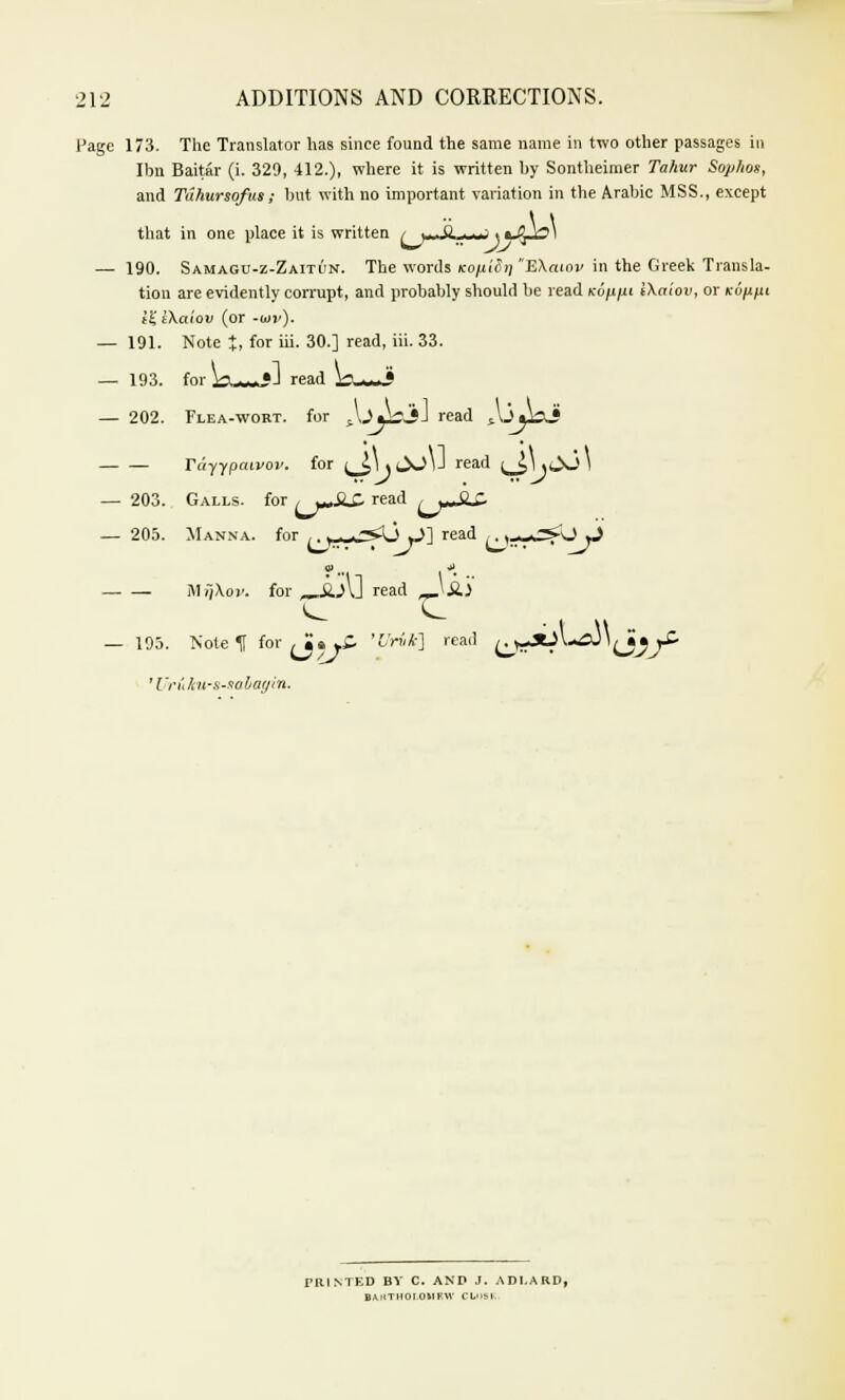 Page 173. The Translator has since found the same name in two other passages in Ibn Baitar (i. 329, 412.), where it is written hy Sontheimer Tahur Sop/ios, and Tuhursofus; but with no important variation in the Arabic MSS., except that in one place it is written /j^.JL^;. »jJj5 1 — 190. Samagu-z-Zaitun. The words KofiitSi] EXcilov in the Greek Transla- tion are evidently corrupt, and probably should be read Kofijui iXalov, or ko/u^i l%l\aiov (or -a>)'). — 191. Note t, for iii. 30.] read, Hi. 33. — 193. for b—jJ read b—J — 202. Flea-wort, for iU«bJjJ read jU.bJ ruyypatvov. for (JhOOU read l_£l.JOl — 203. Galls, for /w&£. read (j*A*- — 205. Manna, for ,., ..,. -<l) O] read )r^£<\J y> iMTjXoi'. for „JL>1] read \&) — 195. Note It for ,.»..£. 'UriJc] read ^jLA-JUl^JjjX- ' Ur&ku-s-sabagin. rRINTED BV C. AND J. ADLARD, BAHTHOIOIIFW CLUSK