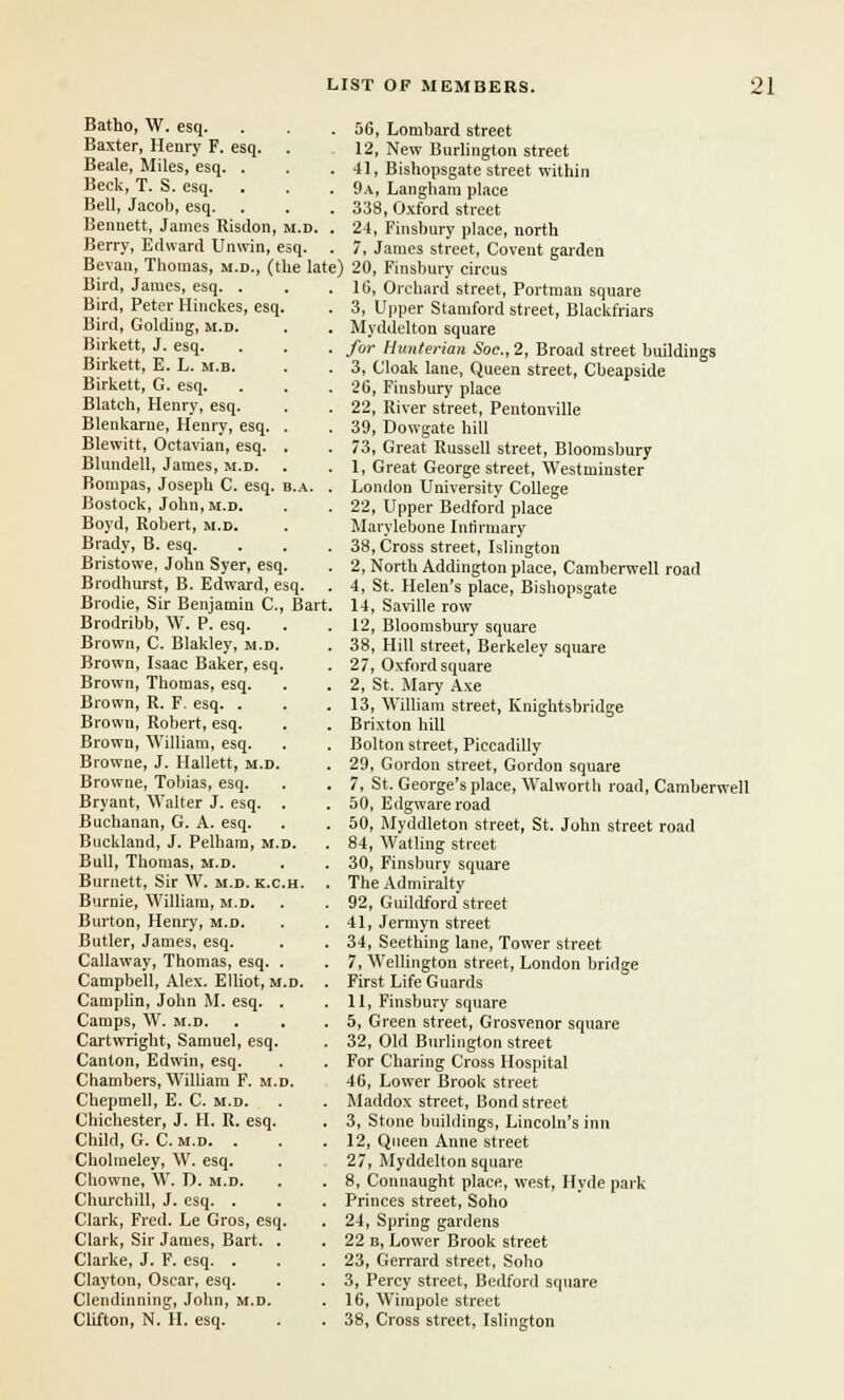 Batho, W. esq. Baxter, Henry F. esq. Beale, Miles, esq. . Beck, T. S. esq. . Bell, Jacob, esq. Bennett, James Risdon, m.d. Berry, Edward Unwin, esq. 56, Lombard street 12, New Burlington street 41, Bishopsgate street within 9a, Langham place 338, Oxford street 24, Finsbury place, north 7, James street, Covent garden Bevan, Thomas, m.d., (the late) 20, Finsbury circus Bird, James, esq. Bird, Peter Hinckes, esq. Bird, Golding, m.d. Birkett, J. esq. Birkett, E. L. m.b. Birkett, G. esq. Blatch, Henry, esq. Blenkarne, Henry, esq. . Blewitt, Octavian, esq. . Blundell, James, m.d. Bompas, Joseph C. esq. b.a. . Bostock, John, m.d. Boyd, Robert, m.d. Brady, B. esq. Bristowe, John Syer, esq. Brodhurst, B. Edward, esq. . Brodie, Sir Benjamin C, Bart. Brodribb, W. P. esq. Brown, C. Blakley, m.d. Brown, Isaac Baker, esq. Brown, Thomas, esq. Brown, R. F. esq. . Brown, Robert, esq. Brown, William, esq. Browne, J. Hallett, m.d. Browne, Tobias, esq. Bryant, Walter J. esq. . Buchanan, G. A. esq. Buckland, J. Pelham, m.d. Bull, Thomas, m.d. Burnett, Sir W. m.d. k.c.h. Burnie, William, m.d. Burton, Henry, m.d. Butler, James, esq. Callaway, Thomas, esq. . Campbell, Alex. Elliot, m.d. . Camplin, John M. esq. . Camps, W. m.d. Cartwright, Samuel, esq. Canton, Edwin, esq. Chambers, William F. m.d. Chepmell, E. C. m.d. Chichester, J. H. R. esq. Child, G. C. m.d. . Cholmeley, W. esq. Chowne, W. D. m.d. Churchill, J. esq. . Clark, Fred. Le Gros, esq. Clark, Sir James, Bart. . Clarke, J. F. esq. . Clayton, Oscar, esq. Clendinning, John, m.d. Clifton, N. H. esq. 10, Orchard street, Portman square 3, Upper Stamford street, Blackfriars Myddelton square for Hunterian Soc.,2, Broad street buildings 3, Cloak lane, Queen street, Cbeapside 20, Finsbury place 22, River street, Pentonville 39, Dowgate hill 73, Great Russell street, Bloomsbury 1, Great George street, Westminster London University College 22, Upper Bedford place Marylebone Infirmary 38, Cross street, Islington 2, North Addington place, Camberwell road 4, St. Helen's place, Bishopsgate 14, Saville row 12, Bloomsbury square 38, Hill street, Berkeley square 27, Oxford square 2, St. Mary Axe 13, William street, Knightsbridge Brixton hill Bolton street, Piccadilly 29, Gordon street, Gordon square 7, St. George's place, Walworth road, Camberwell 50, Edgwareroad 50, Myddleton street, St. John street road 84, Watling street 30, Finsbury square The Admiralty 92, Guildford street 41, Jermyn street 34, Seething lane, Tower street 7, Wellington street, London bridge First Life Guards 11, Finsbury square 5, Green street, Grosvenor square 32, Old Burlington street For Charing Cross Hospital 46, Lower Brook street Maddox street, Bond street 3, Stone buildings, Lincoln's inn 12, Queen Anne street 27, Myddelton square 8, Connaught place, west, Hyde park Princes street, Soho 24, Spring gardens 22 b, Lower Brook street 23, Gerrard street, Soho 3, Percy street, Bedford square 16, Wirnpole street 38, Cross street, Islington