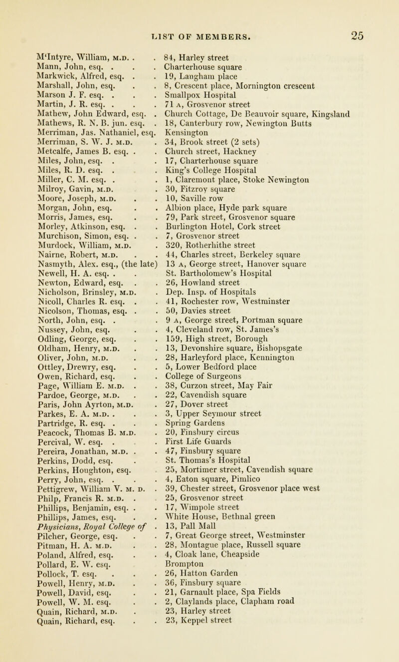 M'Intyre, William, m.d Mann, John, esq. . Markwick, Alfred, esq. Marshall, John, esq. Marson J. F. esq. . Martin, J. R. esq. . Mathew, John Edward, esq. Mathews, R. N. B. jun. esq. Merriman, Jas. Nathaniel, esq Merriman, S. W. J. m.d. Metcalfe, James B. esq. . Miles, John, esq. . Miles, R. D. esq. . Miller, C. M. esq. . Milroy, Gavin, m.d. Moore, Joseph, m.d. Morgan, John, esq. Morris, James, esq. Morley, Atkinson, esq. Murchison, Simon, esq. Murdock, William, m.d. Nairne, Robert, m.d. Nasmyth, Alex, esq., (the late) Newell, H. A. esq. . Newton, Edward, esq. Nicholson, Brinsley, m.d Nicoll, Charles R. esq. Nicolson, Thomas, esq. North, John, esq. . Nussey, John, esq. Odling, George, esq. Oldham, Henry, m.d. Oliver, John, m.d. Ottley, Drewry, esq. Owen, Richard, esq. Page, William E. m.d. Pardoe, George, m.d. Paris, John Ayrton, m.d Parkes, E. A. m.d. . Partridge, R. esq. . Peacock, Thomas B. m.d Percival, W. esq. . Pereira, Jonathan, m.d. Perkins, Dodd, esq. Perkins, Houghton, esq. Perry, John, esq. . Pettigrew, William V. m Philp, Francis R. m.d. Phillips, Benjamin, esq. Phillips, James, esq. Physicians, Royal College of Pileher, George, esq. Pitman, H. A. m.d. Poland, Alfred, esq. Pollard, E. W. esq. Pollock, T. esq. Powell, Henry, m.d. Powell, David, esq. Powell, W. M. esq. Quain, Richard, m.d. Quain, Richard, esq. 8-1, Harley street Charterhouse square 19, Langham place 8, Crescent place, Mornington crescent Smallpox Hospital 71 a, Grosvenor street Church Cottage, De Beauvoir square, Kingsland 18, Canterbury row, Newington Butts Kensington 34, Brook street (2 sets) Church street, Hackney 17, Charterhouse square King's College Hospital 1, Claremout place, Stoke Newington 30, Fitzroy square 10, Saville row Albion place, Hyde park square 79, Park street, Grosvenor square Burlington Hotel, Cork street 7, Grosvenor street 320, Rotherhithe street 44, Charles street, Berkeley square 13 A, George street, Hanover square St. Bartholomew's Hospital 26, Howland street Dep. Insp. of Hospitals 41, Rochester row, Westminster 50, Davies street 9 a, George street, Portman square 4, Cleveland row, St. James's 159, High street, Borough 13, Devonshire square, Bishopsgate 28, Harleyford place, Kennington 5, Lower Bedford place College of Surgeons 38, Curzon street, May Fair 22, Cavendish square 27, Dover street 3, Upper Seymour street Spring Gardens 20, Finshury circus First Life Guards 47, Finsbury square St. Thomas's Hospital 25, Mortimer street, Cavendish square 4, Eaton square, Pimlico 39, Chester street, Grosvenor place west 25, Grosvenor street 17, Wimpole street White House, Bethnal green 13, Pall Mall 7, Great George street, Westminster 28, Montague place, Russell square 4, Cloak lane, Cheapside Brompton 26, Hatton Garden 36, Finsbury square 21, Garnault place, Spa Fields 2, Claylands place, Clapham road 23, Harley street 23, Keppel street