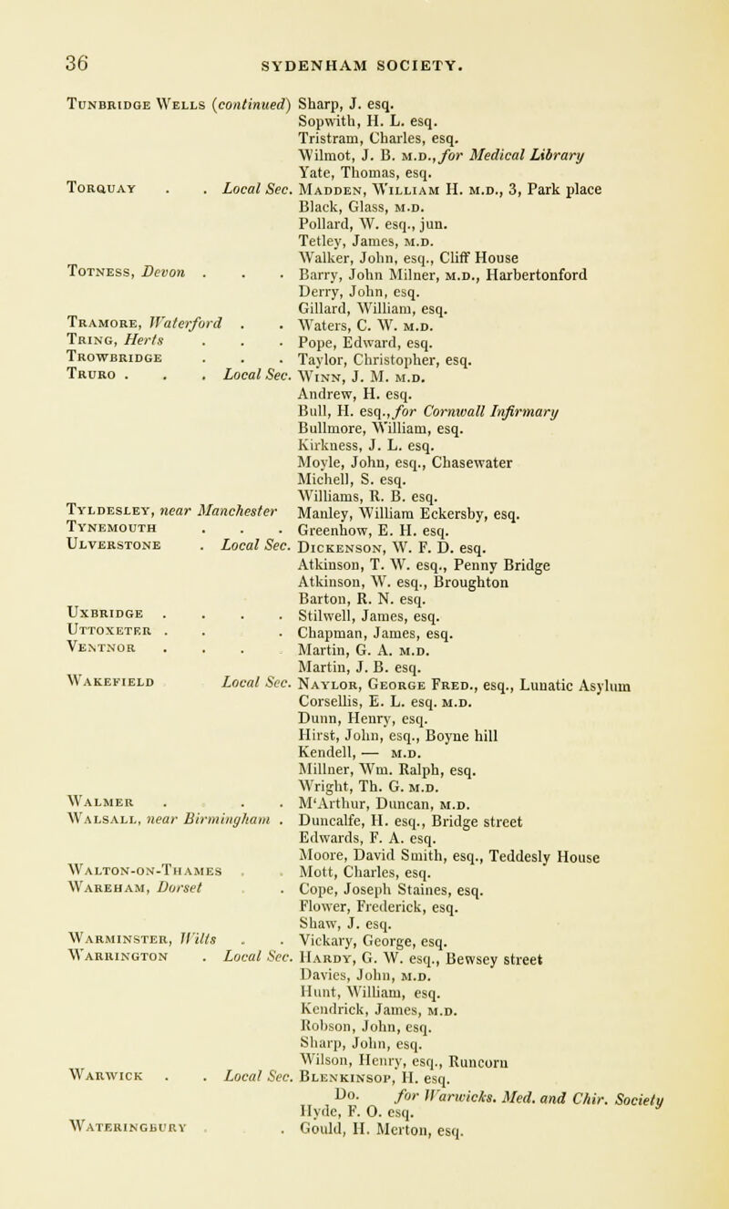 Tunbridge Wells (continued) Torquay Totness, Devon . Local Sec. Tramore, Waterford . Tring, Herts Trowbridge Truro . . . Local Sec. Tyldesley, near Manchester Tynemouth Ulverstone . Local Sec. uxbridge Uttoxeter Ventnor Wakefield Local Sec. Walmer Walsall, near Birmingham Walton-on-Thames Wareham, Dorset Warminster, Wilis M'arrington . Local Sec Warwick . . Local Sec. Wateringbury Sharp, J. esq. Sopwith, H. L. esq. Tristram, Charles, esq. Wilmot, J. B. m.d., for Medical Library Yate, Thomas, esq. Madden, William H. m.d., 3, Park place Black, Glass, m.d. Pollard, W. esq., jun. Tetley, James, m.d. Walker, John, esq., Cliff House Barry, John Milner, m.d., Harbertonford Derry, John, esq. Gillard, William, esq. Waters, C. W. m.d. Pope, Edward, esq. Taylor, Christopher, esq. Winn, J. M. m.d. Andrew, H. esq. Bull, H. esq., for Cornwall Infirmary Bullmore, William, esq. Kirkness, J. L. esq. Moyle, John, esq., Chasewater Michel!, S. esq. Williams, R. B. esq. Manley, William Eckersby, esq. Greenhow, E. H. esq. Dickenson, W. F. D. esq. Atkinson, T. W. esq., Penny Bridge Atkinson, W. esq., Broughton Barton, R. N. esq. Stilwell, James, esq. Chapman, James, esq. Martin, G. A. m.d. Martin, J. B. esq. Nay-lor, George Fred., esq., Lunatic Asylum Corsellis, E. L. esq. m.d. Dunn, Henry, esq. Hirst, John, esq., Boyne hill Kendell, ■— m.d. Millner, Wm. Ralph, esq. Wright, Th. G. m.d. M'Arthur, Duncan, m.d. Duncalfe, H. esq., Bridge street Edwards, F. A. esq. Moore, David Smith, esq., Teddesly House Mott, Charles, esq. Cope, Joseph Staines, esq. Flower, Frederick, esq. Shaw, J. esq. Vickary, George, esq. Hardy', G. W. esq., Bewsey street Davies, John, m.d. Hunt, William, esq. Kendrick, James, m.d. Robson, John, esq. Sharp, John, esq. Wilson, Henry, esq., Runcorn Blenkinsop, H. esq. Do. for U'aricicis. Med. and Chir. Society Hyde, F.O. esq.  Gould, H. Mciton, esq.