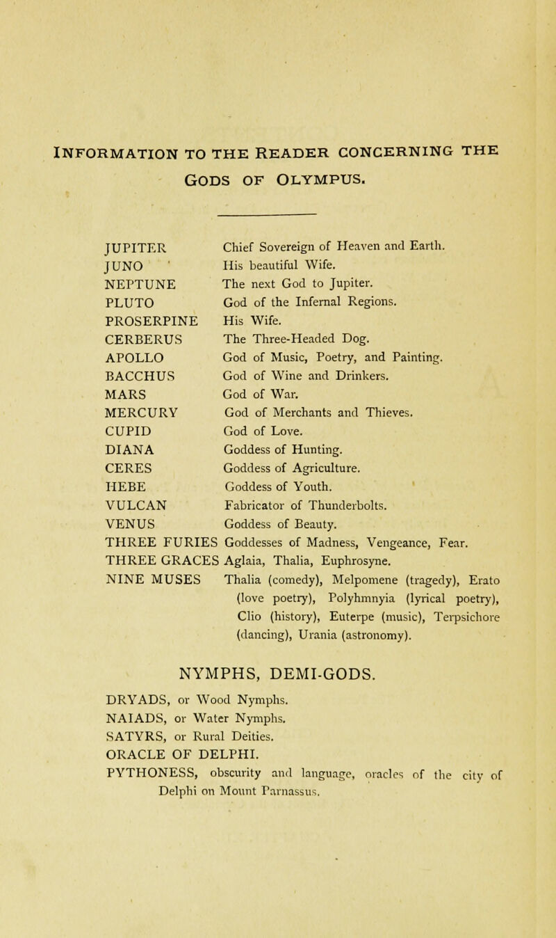 INFORMATION TO THE READER CONCERNING THE GODS OF OLYMPUS. JUPITER JUNO NEPTUNE PLUTO PROSERPINE CERBERUS APOLLO BACCHUS MARS MERCURY CUPID DIANA CERES HEBE VULCAN VENUS THREE FURIES THREE GRACES NINE MUSES Chief Sovereign of Heaven and Earth. His beautiful Wife. The next God to Jupiter. God of the Infernal Regions. His Wife. The Three-Headed Dog. God of Music, Poetry, and Painting. God of Wine and Drinkers. God of War. God of Merchants and Thieves. God of Love. Goddess of Hunting. Goddess of Agriculture. Goddess of Youth. Fabricator of Thunderbolts. Goddess of Beauty. Goddesses of Madness, Vengeance, Fear. Aglaia, Thalia, Euphrosyne. Thalia (comedy), Melpomene (tragedy), Erato (love poetry), Polyhmnyia (lyrical poetry), Clio (history), Euterpe (music), Terpsichore (dancing), Urania (astronomy). NYMPHS, DEMI-GODS. DRYADS, or Wood Nymphs. NAIADS, or Water Nymphs. SATYRS, or Rural Deities. ORACLE OF DELPHI. PYTHONESS, obscurity and language, Delphi on Mount rarnassus. oracles nf the citv of