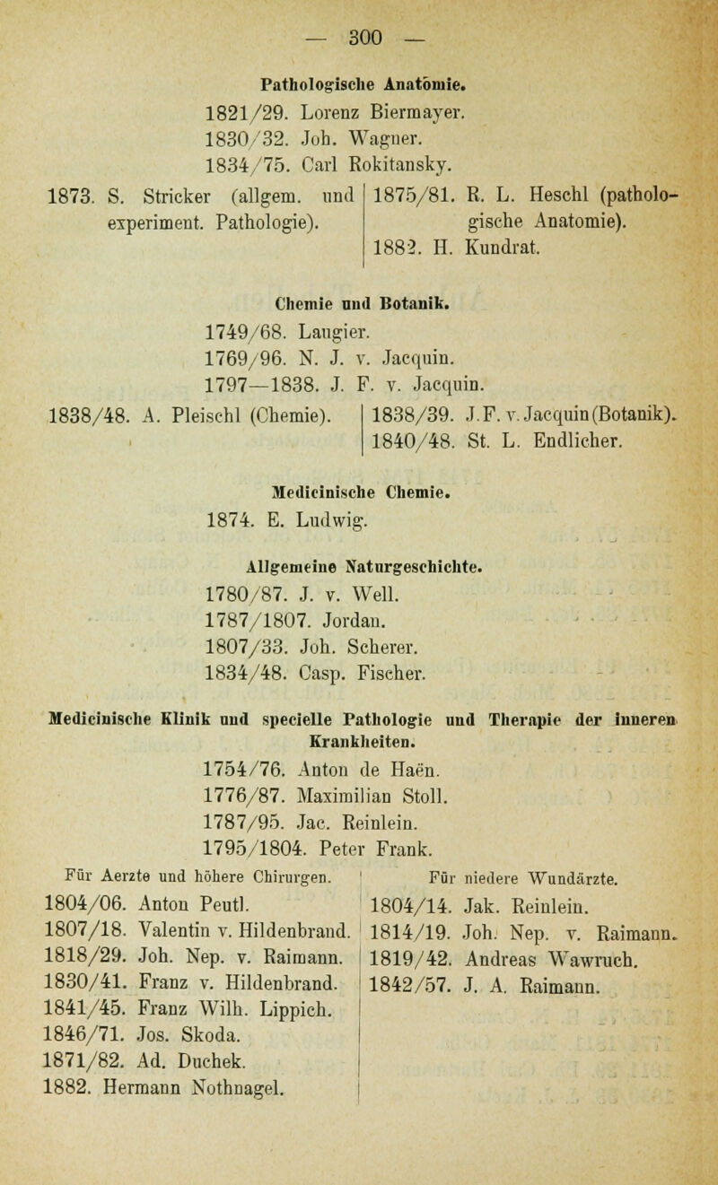Pathologische Anatomie. 1821/29. Lorenz Biermayer. 1830/32. Joh. Wagner. 1834/75. Carl Rokitansky. 1873. S. Stricker (allgem. und experiment. Pathologie). 1875/81. R. L. Heschl (patholo- gische Anatomie). 1882. H. Kundrat. Chemie und Botanik. 1749/68. Laugier. 1769/96. N. J. v. Jacquin. 1797—1838. J. F. v. Jacquin. 1838/48. A. Pleischl (Chemie). 1838/39. J.F. v. Jacquin (Botanik). 1840/48. St. L. Endlicher. Medicinische Chemie. 1874. E. Ludwig. Allgemeine Naturgeschichte. 1780/87. J. v. Well. 1787/1807. Jordan. 1807/33. Joh. Scherer. 1834/48. Casp. Fischer. Medicinische Klinik und specielle Pathologie und Therapie der inneren' Krankheiten. 1754/76. Anton de Haen. 1776/87. Maximilian Stell. 1787/95. Jac. Reinlein. 1795/1804. Peter Frank. Für Aerzte und höhere Chirurgen. I Für niedere Wundärzte. 1804/06. Anton Peutl. I 1804/14. Jak. Reinlein. 1807/18. Valentin v. Hildenbrand. 1818/29. Joh. Nep. v. Raimann. 1830/41. Franz v. Hildenbrand. 1841/45. Franz Wilh. Lippich. 1846/71. Jos. Skoda. 1871/82. Ad. Duchek. 1882. Hermann Nothnagel. 1814/19. Joh. Nep. v. Raimann. 1819/42. Andreas Wawruch. 1842/57. J. A. Raimann.
