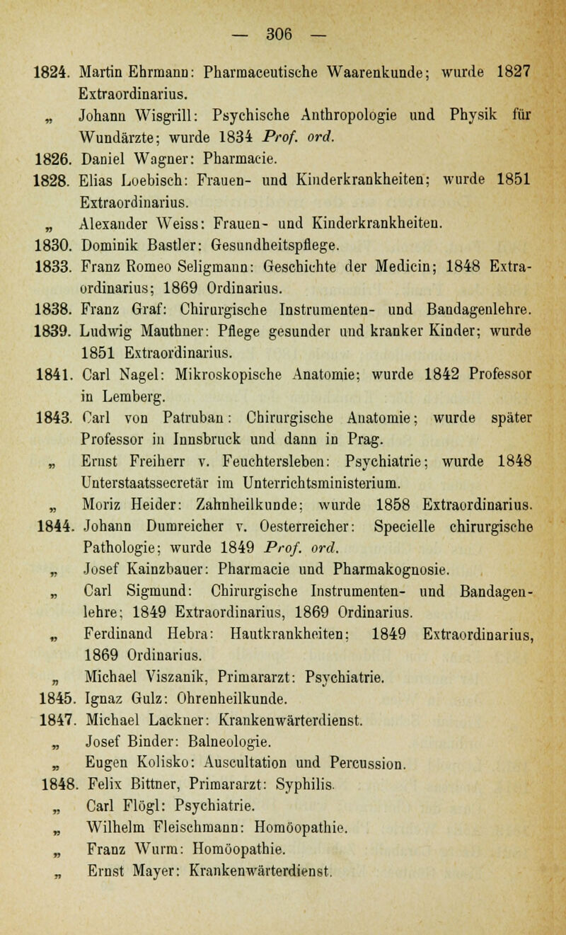 1824. Martin Ehrmann: Pharmaceutische Waarenkunde; wurde 1827 Extraordinarius. „ Johann Wisgrill: Psychische Anthropologie und Physik für Wundärzte; wurde 1834 Prof. ord. 1826. Daniel Wagner: Pharmacie. 1828. Elias Loebisch: Frauen- und Kinderkrankheiten; wurde 1851 Extraordinarius. „ Alexander Weiss: Frauen- und Kinderkrankheiten. 1830. Dominik Bastler: Gesundheitspflege. 1833. Franz Romeo Seligmann: Geschichte der Medicin; 1848 Extra- ordinarius; 1869 Ordinarius. 1838. Franz Graf: Chirurgische Instrumenten- und Bandagenlehre. 1839. Ludwig Mauthner: Pflege gesunder und kranker Kinder; wurde 1851 Extraordinarius. 1841. Carl Nagel: Mikroskopische Anatomie; wurde 1842 Professor in Lemberg. 1843. Carl von Patruban: Chirurgische Anatomie; wurde später Professor in Innsbruck und dann in Prag. „ Ernst Freiherr v. Feuchtersieben: Psychiatrie; wurde 1848 Unterstaatssecretär im Unterrichtsministerium. „ Moria Heider: Zahnheilkunde; wurde 1858 Extraordinarius. 1844. Johann Dumreicher v. Oesterreicher: Specielle chirurgische Pathologie; wurde 1849 Prof. ord. „ Josef Kainzbauer: Pharmacie und Pharmakognosie. „ Carl Sigmund: Chirurgische Instrumenten- und Bandagen- lehre; 1849 Extraordinarius, 1869 Ordinarius. „ Ferdinand Hebra: Hautkrankheiten; 1849 Extraordinarius, 1869 Ordinarius. „ Michael Viszanik, Primararzt: Psychiatrie. 1845. Ignaz Gulz: Ohrenheilkunde. 1847. Michael Lackner: Krankenwärterdienst. „ Josef Binder: Balneologie. „ Eugen Kolisko: Auscultation und Percussion. 1848. Felix Bittner, Primararzt: Syphilis. „ Carl Flögl: Psychiatrie. „ Wilhelm Fleischmann: Homöopathie. „ Franz Wurm: Homöopathie. „ Ernst Mayer: Krankenwärterdienst.