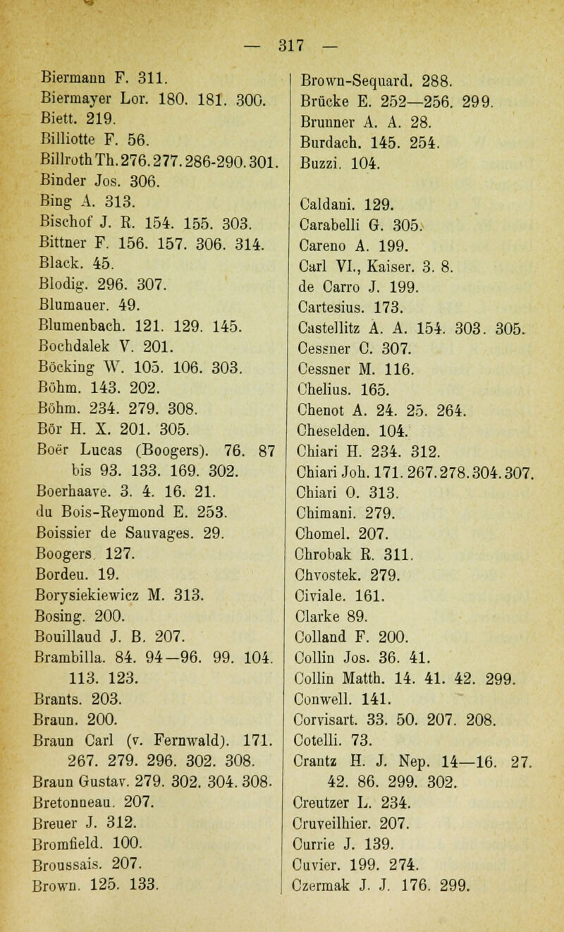 Biermann F. 311. Biermayer Lor. 180. 181. 300. Biett. 219. Billiotte F. 56. Billroth Th. 276.277.286-290.301. Binder Jos. 306. Bing A. 313. Bischof J. E. 154. 155. 303. Bittner F. 156. 157. 306. 314. Black. 45. Blodig. 296. 307. Blumauer. 49. Blumenbach. 121. 129. 145. Bochdalek V. 201. Böcking W. 105. 106. 303. Böhm. 143. 202. Böhm. 234. 279. 308. Bör H. X. 201. 305. Boer Lucas (Boogers). 76. 87 bis 93. 133. 169. 302. Boerhaave. 3. 4. 16. 21. du Bois-Reymond E. 253. Boissier de Sauvages. 29. Boogers. 127. Bordeu. 19. Borysiekiewicz M. 313. Bosing. 200. Bouillaud J. B. 207. Brambilla. 84. 94-96. 99. 104. 113. 123. Brants. 203. Braun. 200. Braun Carl (v. Fernwald). 171. 267. 279. 296. 302. 308. Braun Gustav. 279. 302. 304. 308. Bretonneau. 207. Breuer J. 312. Bromfield. 100. Broussais. 207. Brown. 125. 133. Brown-Sequard. 288. Brücke E. 252—256. 299. Brunner A. A. 28. Burdach. 145. 254. Buzzi. 104. Caldani. 129. Carabelli G. 305. Careno A. 199. Carl VI., Kaiser. 3. 8. de Carro J. 199. Cartesius. 173. Castellitz A. A. 154. 303. 305. Cessner C. 307. Cessner M. 116. Chelius. 165. Chenot A. 24. 25. 264. Cheselden. 104. Chiari H. 234. 312. Chiari Joh. 171. 267.278.304.307. Chiari 0. 313. Chimani. 279. Chomel. 207. Chrobak R. 311. Chvostek. 279. Civiale. 161. Clarke 89. Colland F. 200. Collin Jos. 36. 41. Collin Matth. 14. 41. 42. 299. Conwell. 141. Corvisart. 33. 50. 207. 208. Cotelli. 73. Crantz H. J. Nep. 14—16. 27. 42. 86. 299. 302. Creutzer L. 234. Cruveilhier. 207. Currie J. 139. Cuvier. 199. 274. Czermak J. J. 176. 299.