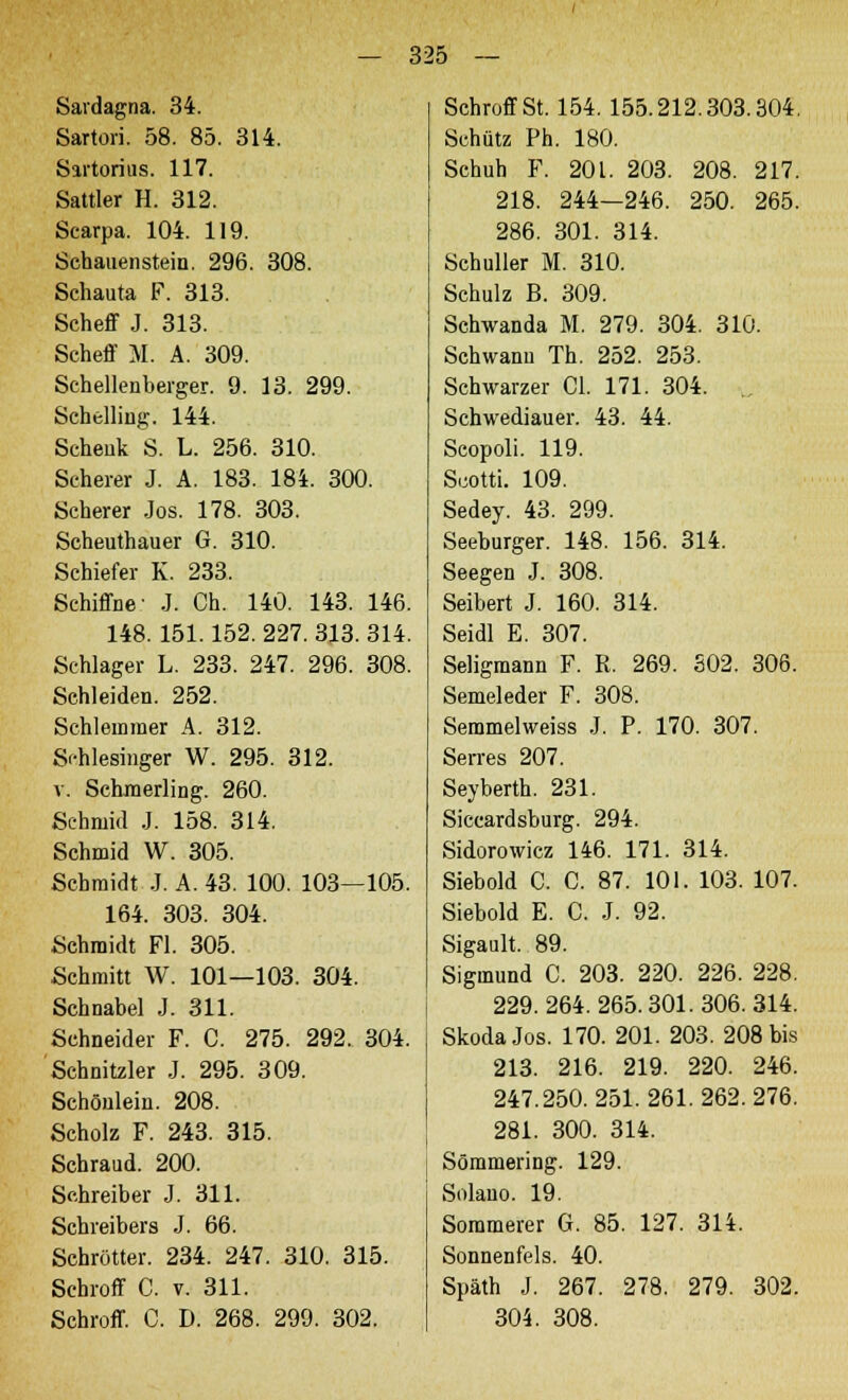 Sardagna. 34. Sartori. 58. 85. 314. Sartorius. 117. Sattler H. 312. Scarpa. 104. 119. Schauenstein. 296. 308. Schauta F. 313. Scheff J. 313. Scheff M. A. 309. Schellenberger. 9. 13. 299. Schilling. 144. Schenk S. L. 256. 310. Scherer J. A. 183. 184. 300. Scherer Jos. 178. 303. Scheuthauer G. 310. Schiefer K. 233. Schiffne- J. Ch. 140. 143. 146. 148. 151.152. 227. 313. 314. Schlager L. 233. 247. 296. 308. Schieiden. 252. Schlemmer A. 312. Schlesinger W. 295. 312. v. Schmerling. 260. Sehrnid J. 158. 314. Schmid W. 305. Schmidt .1. A. 43. 100. 103—105. 164. 303. 304. Schmidt Fl. 305. Schmitt W. 101—103. 304. Schnabel J. 311. Schneider F. C. 275. 292. 304. Schnitzler J. 295. 309. Schönlein. 208. Scholz F. 243. 315. Schraud. 200. Schreiber J. 311. Schreibers J. 66. Schrötter. 234. 247. 310. 315. Schroff C. v. 311. Schroff. C. D. 268. 299. 302. Schroffst. 154. 155.212.303.304. Schütz Ph. 180. Schuh F. 201. 203. 208. 217. 218. 244—246. 250. 265. 286. 301. 314. Schuller M. 310. Schulz B. 309. Schwanda M. 279. 304. 310. Schwann Th. 252. 253. Schwarzer Cl. 171. 304. ., Schwediauer. 43. 44. Seopoli. 119. Scotti. 109. Sedey. 43. 299. Seeburger. 148. 156. 314. Seegen J. 308. Seibert J. 160. 314. Seidl E. 307. Seligmann F. R. 269. 302. 306. Semeleder F. 308. Semmelweiss J. P. 170. 307. Serres 207. Seyberth. 231. Siccardsburg. 294. Sidorowicz 146. 171. 314. Siebold C. C. 87. 101. 103. 107. Siebold E. C. J. 92. Sigault. 89. Sigmund C. 203. 220. 226. 228. 229.264.265.301.306.314. Skoda Jos. 170. 201. 203. 208 bis 213. 216. 219. 220. 246. 247.250.251.261.262.276. 281. 300. 314. Sömmering. 129. Solano. 19. Sommerer G. 85. 127. 314. Sonnenfels. 40. Späth J. 267. 278. 279. 302. 304. 308.