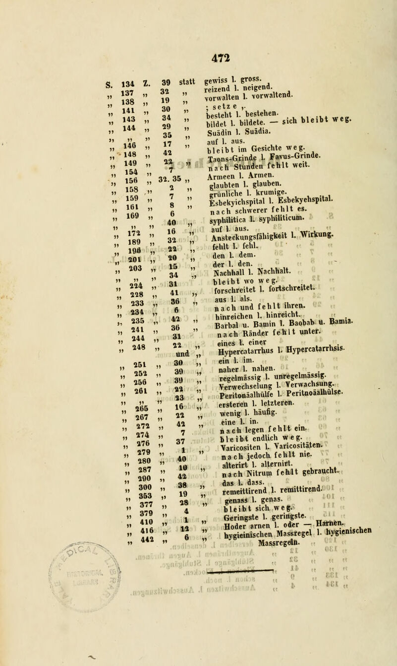472 131 Z. 39 statt gewiss 1. g™.ss- ,*7 32 „ reizend I. neigend. r38;; 5 ;, ***l vorwaUend- i U\  q*  besteht V bestehen. ' 11!  S  Set 1. bildete, -sich bleibt weg. ' U  35  Suädin ). Suädia. ' ,Vß  17  auf 1. aus. ' \n  «  bleibt im Gesichte weg. ' I*!  t: Xaons-Grinde 1. Favus-Gnnde.  \£  7  «»ch Stunden fehlt weit.  Itfi  11 35 Armeen 1. Armen.  X  > ',' Staubten 1. glauben.  \la  7 grünliche 1. krumige. » »  I  Esbekyichspital 1. Esbekyehsp.tal. » m  6  nach schwerer fehlt es. n lb  40 SyphiUtica 1. syphiliticum. » & ;; 16 '. auf laus.  30  Ansteckungsfähigkeit 1. Wirkung.  «i  fehlt 1. fehl. 19Ä »  den 1. dem.  Ml *0 ft den L ?em- » ™3  34 , SS-Tt Nachhalt.  qÖa  31 bleibt wo weg. ii * » ™ forschrcitet 1. fortschreitet. n iiB  „fi  ..,- l als » *»  6  nach und fehlt ihren.   i, hinreichen 1. hinreicht.  !?? * 36  BarbTu. Bamin 1. Baobab u. Bamia.  -11  31  nach Ränder fehlt unter.  t,0  ii eines 1. einer , .   und I Hypercatarrhus 1. Hypercatarrhsis. 151 30 l, ei«1 k im-  or,i  39 U naher 1. nahen. .  »*«  31» regelmässig 1. unregelmassig.  ffi,  M Verwechselung 1. Verwachsung   J3 Peritonäalhülfe L Pentnoaalhulse.  ofiK  16 ,'! ersteren 1. letzteren. ;; S ;; 5 : *«*•*-.»* - *    nan:hlegnen fehlt ein.  VA  37 bleibt endlich weg. ii ti nlo  1 Varicositen L Varicositäten. »In  40 nach jedoch fehlt nie. *52  io „ alterirt 1. alternirt. JJJ  41 „ach Nitrum fehlt gebraucht. s - 5 ;; SSSa >. it*** ,77 28 „ genass 1. genas. Hl  4 bleibt sich weg.- iin  1 „ Geringste 1. geringste. ?  la Hoder arnen 1. oder - Harten. 11?  6  hygienischen Massregel 1. hyg.en.scheti 4« » 6  Massregeln. 16 „ -... 0