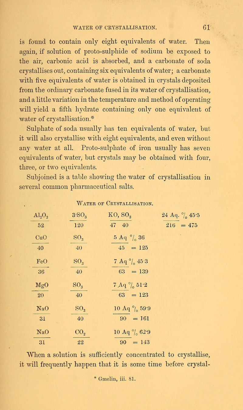 is found to contain only eight equivalents of water. Then again, if solution of proto-sulphide of sodium be exposed to the air, carbonic acid is absorbed, and a carbonate of soda crystallises out, containing six equivalents of water; a carbonate with five equivalents of water is obtained in crystals deposited from the ordinary carbonate fused in its water of crystallisation, and a little variation in the temperature and method of operating will yield a fifth hydrate containing only one equivalent of water of crystallisation.* Sulphate of soda usually has ten equivalents of water, but it will also crystallise with eight equivalents, and even without any water at all. Proto-sulphate of iron usually has seven equivalents of water, but crystals may be obtained with four, three, or two equivalents. Subjoined is a table showing the water of crystallisation in several common pharmaceutical salts. Water of Crystallisation. A1203 3-SO-3 KO, S03 24 Aq. % 45-5 52 120 47 40 216 = 475 CuO so3 5 Aq °/0 36 45 = 125 40 40 FeO S03 7Aq°/045-3 63 = 139 36 40 MgO S03 7Aq°/051-2 63 = 123 20 40 NaO S03 10 Aq °/0 59-9 90 = 161 31 40 NaO C02 10 Aq °/0 62-9 90 = 143 31 22 When a solution is sufficiently concentrated to crystallise, it will frequently happen that it is some time before crystal- * Gmelin, iii. 81.