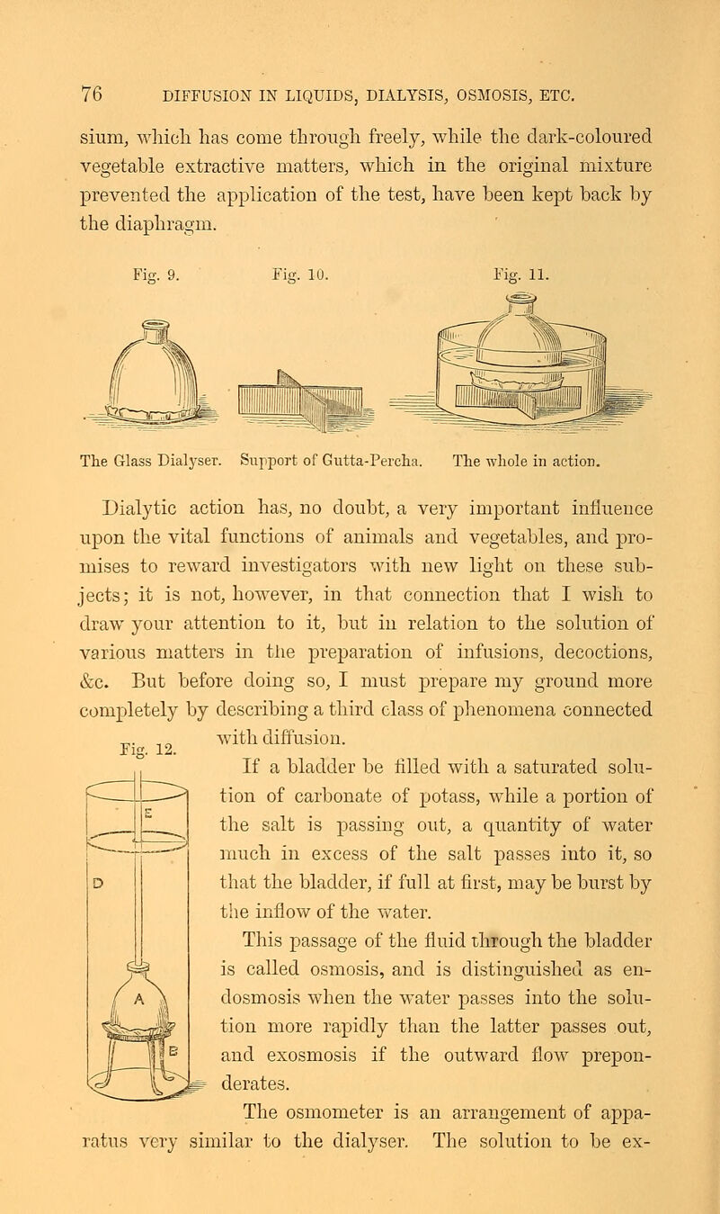 sium, which has come through freely, while the dark-coloured vegetable extractive matters, which in the original mixture prevented the application of the test, have been kept back by the diaphragm. Fur. 12. The Glass Dialyser. Support of Gutta-Percha. The whole in action. Dialytic action has, no doubt, a very important influence upon the vital functions of animals and vegetables, and pro- mises to reward investigators with new light on these sub- jects; it is not, however, in that connection that I wish to draw your attention to it, but in relation to the solution of various matters in the preparation of infusions, decoctions, &c. But before doing so, I must prepare my ground more completely by describing a third class of phenomena connected with diffusion. If a bladder be filled with a saturated solu- tion of carbonate of potass, while a portion of the salt is passing out, a quantity of water much in excess of the salt passes into it, so that the bladder, if full at first, may be burst by the inflow of the water. This passage of the fluid through the bladder is called osmosis, and is distinguished as en- dosmosis when the water passes into the solu- tion more rapidly than the latter passes out, and exosmosis if the outward flow prepon- derates. The osmometer is an arrangement of appa- ratus very similar to the dialyser. The solution to be ex-