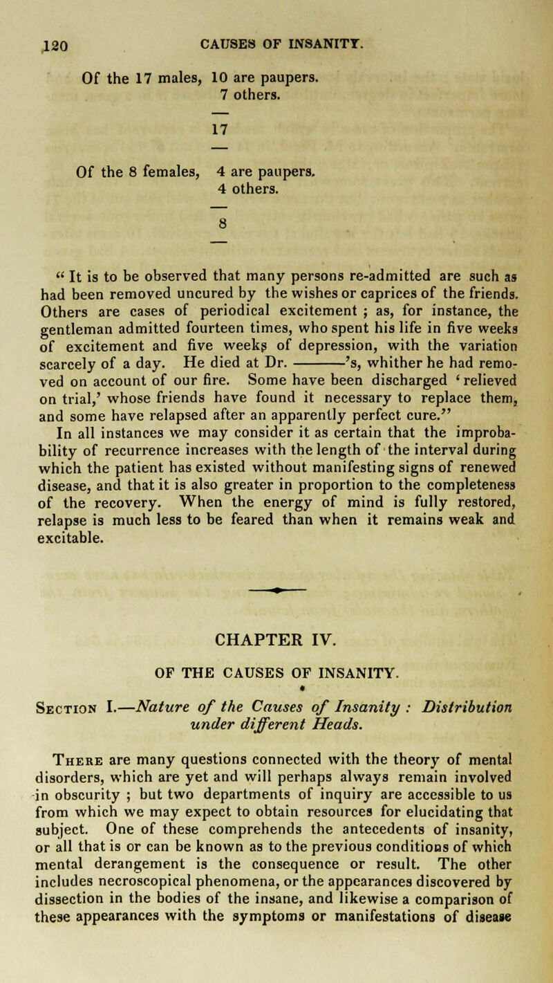 Of the 17 males, 10 are paupers. 7 others. 17 Of the 8 females, 4 are paupers. 4 others.  It is to be observed that many persons re-admitted are such as had been removed uncured by the wishes or caprices of the friends. Others are cases of periodical excitement ; as, for instance, the gentleman admitted fourteen times, who spent his life in five weeks of excitement and five weeks of depression, with the variation scarcely of a day. He died at Dr. 's, whither he had remo- ved on account of our fire. Some have been discharged ' relieved on trial,' whose friends have found it necessary to replace them, and some have relapsed after an apparently perfect cure. In all instances we may consider it as certain that the improba- bility of recurrence increases with the length of the interval during which the patient has existed without manifesting signs of renewed disease, and that it is also greater in proportion to the completeness of the recovery. When the energy of mind is fully restored, relapse is much less to be feared than when it remains weak and excitable. CHAPTER IV. OF THE CAUSES OF INSANITY. Section I.—Nature of the Causes of Insanity : Distribution under different Heads. There are many questions connected with the theory of mental disorders, which are yet and will perhaps always remain involved •in obscurity ; but two departments of inquiry are accessible to us from which we may expect to obtain resources for elucidating that subject. One of these comprehends the antecedents of insanity, or all that is or can be known as to the previous conditions of which mental derangement is the consequence or result. The other includes necroscopical phenomena, or the appearances discovered by dissection in the bodies of the insane, and likewise a comparison of these appearances with the symptoms or manifestations of disease