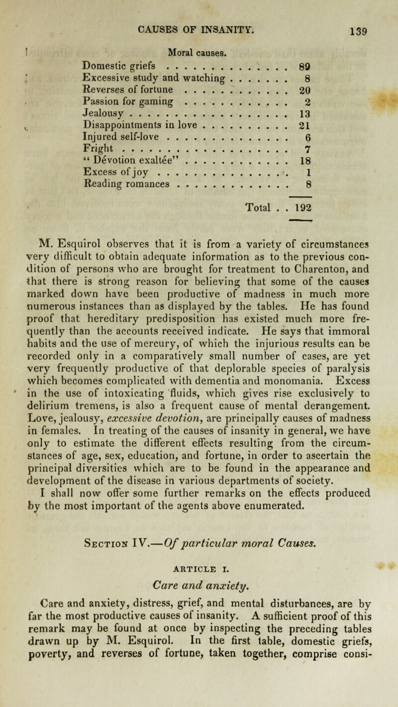 Moral causes. Domestic griefs 89 Excessive study and watching 8 Reverses of fortune 20 Passion for gaming 2 Jealousy 13 Disappointments in love 21 Injured self-love 6 Fright 7  Devotion exaltee 18 Excess of joy 1 Reading romances 8 Total . . 192 M. Esquirol observes that it is from a variety of circumstances very difficult to obtain adequate information as to the previous con- dition of persons who are brought for treatment to Charenton, and that there is strong reason for believing that some of the causes marked down have been productive of madness in much more numerous instances than as displayed by the tables. He has found proof that hereditary predisposition has existed much more fre- quently than the accounts received indicate. He says that immoral habits and the use of mercury, of which the injurious results can be recorded only in a comparatively small number of cases, are yet very frequently productive of that deplorable species of paralysis which becomes complicated with dementia and monomania. Excess in the use of intoxicating fluids, which gives rise exclusively to delirium tremens, is also a frequent cause of mental derangement. Love, jealousy, excessive devotion, are principally causes of madness in females. In treating of the causes of insanity in general, we have only to estimate the different effects resulting from the circum- stances of age, sex, education, and fortune, ill order to ascertain the principal diversities which are to be found in the appearance and development of the disease in various departments of society. I shall now offer some further remarks on the effects produced by the most important of the agents above enumerated. Section IV.—Of particular moral Causes. article 1. Care and anxiety. Care and anxiety, distress, grief, and mental disturbances, are by far the most productive causes of insanity. A sufficient proof of this remark may be found at once by inspecting the preceding tables drawn up by M. Esquirol. In the first table, domestic griefs, poverty, and reverses of fortune, taken together, comprise consi-