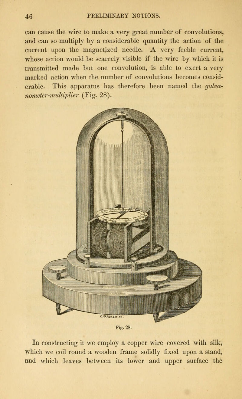 can cause the wire to make a very great number of convolutions, and can so multiply by a considerable quantity the action of the current upon the magnetized needle. A very feeble current, whose action would be scarcely visible if the wire by which it is transmitted made but one convolution, is able to exert a very marked action when the number of convolutions becomes consid- erable. This apparatus has therefore been named the galva- nometer-multiplier (Fig. 28). In constructing it we employ a copper wire covered with silk, which we coil round a wooden frame solidly fixed upon a stand, and which leaves between its lower and upper surface the