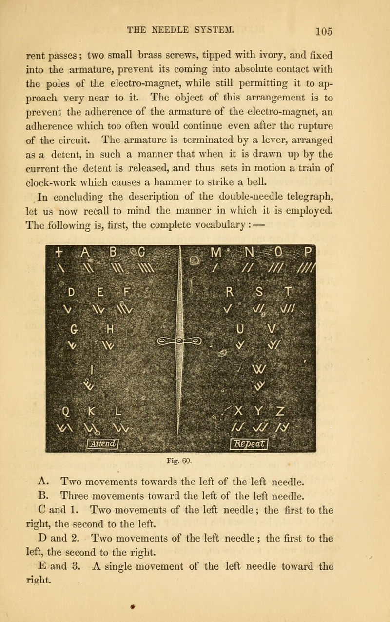 rent passes; two small brass screws, tipped with ivory, and fixed into the armature, prevent its coming into absolute contact with the poles of the electro-magnet, while still permitting it to ap- proach very near to it. The object of this arrangement is to prevent the adherence of the armature of the electro-magnet, an adherence which too often would continue even after the rupture of the circuit. The armature is terminated by a lever, arranged as a detent, in such a manner that when it is drawn up by the current the detent is released, and thus sets in motion a train of clock-work which causes a hammer to strike a bell. In concluding the description of the double-needle telegraph, let us now recall to mind the manner in which it is employed. The following is, first, the complete vocabulary: — \ >\5^\Vim- / ///////// V - \V \\V Q K L Fig. 60. V V/ \J/J <5 u V <// J- w ^ yx Y Z /J yj '/</■'■ Repeat] A. Two movements towards the left of the left needle. B. Three movements toward the left of the left needle. C and 1. Two movements of the left needle; the first to the right, the second to the left. D and 2. Two movements of the left needle ; the first to the left, the second to the right. E and 3. A single movement of the left needle toward the rigrht.