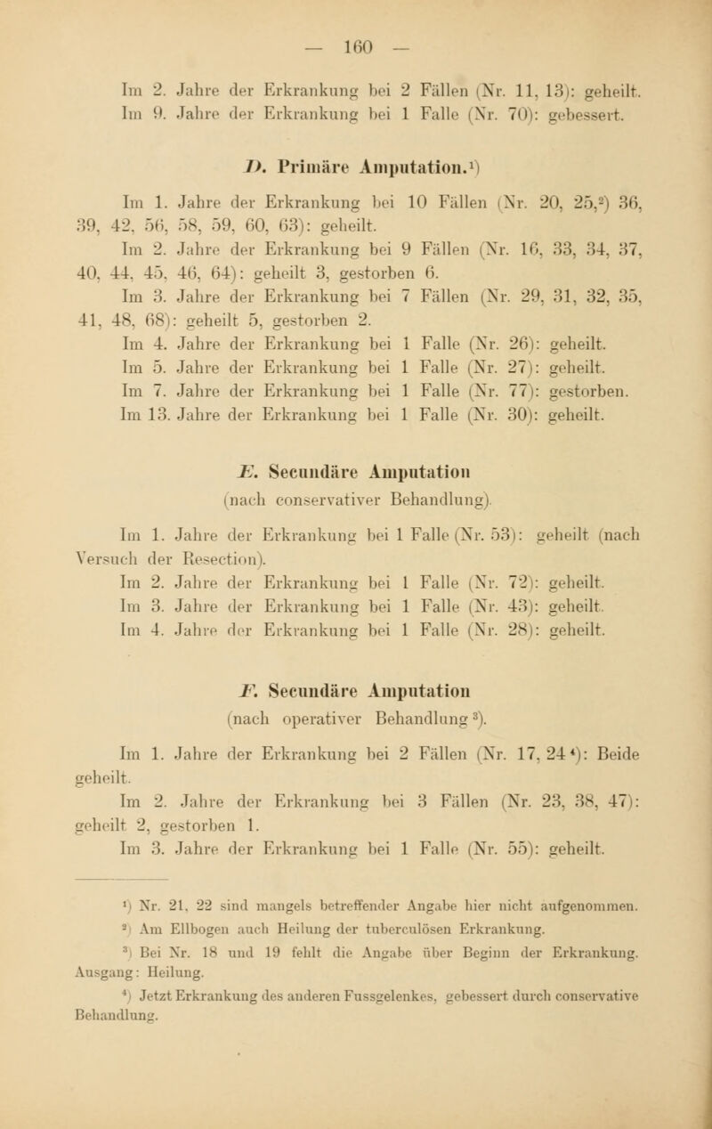 Im 2. Jahre der Erkrankung bei 2 Fällen (Nr. 11. 13): geheilt, Im 9. Jahre der Erkrankung bei 1 Falle (Nr. 70): gebessert. />. Primäre Amputation.1) Im 1. Jahre der Erkrankung bei 10 Fallen (Nr. 20. 2ö,2) 36, 39. 42. 56, 58, 59, 60, 63): geheilt. Im 2. Jahre der Erkrankung bei V) Füllen (Nr. 16, 33, 34. 37. 40. 44. 45, 46, 64): geheilt 3, gestorben 6. Im 3. Jahre der Erkrankung bei 7 Füllen (Nr. 29, 31, 32, 35, 41. 48, 68 : -heilt 5, gestorben 2. Im 4. Jahre der Erkrankung bei 1 Falle (Nr. 26): geheilt. Im 5. Jahre der Erkrankung bei 1 Falle (Nr. 27): geheilt. Im 7. Jahre der Erkrankung bei 1 Falle (Nr. 77 : gestorben. Im 13. Jahre der Erkrankung bei 1 Falle (Nr. 30): geheilt. E. Secundäre Amputation (nach eonservativer Behandlung). Im 1. Jahre der Erkrankung bei 1 Falle (Nr. 53): geheilt (nach Versuch der Resection). Im 2. Jahre der Erkrankung bei 1 Falle (Nr. 72): geheilt. Im 3. Jahre der Erkrankung bei 1 Falle (Nr. 4.'>i: geheilt. Im 4. Jahre der Erkrankung bei 1 Falle (Nr. 28): geheilt. F. Secundäre Amputation (nach operativer Behandlung3). Im 1. Jahre der Erkrankung bei 2 Fidlen (Nr. 17. 244): Beide geheilt. Im 2. Jahre der Erkrankung bei 3 Fidlen (Nr. 23. 38, 47 : geheilt 2. gestorben 1. Im 3. Jahre der Erkrankung bei 1 Falle (Nr. 55): geheilt. 1 Nr. 2\. 22 sind mangels betreffender Angabe hier nicht aufgenommen. '-' Am Ellbogen auch Heilung der tnberculösen Erkrankung. Nr. IM und 19 fehlt die Angabe aber Beginn der Erkrankung. Ausgang: Heilung. 1 Jetzt Erkrankung des anderen Fussaelenkes. gebessert durch conservative Behandlung.