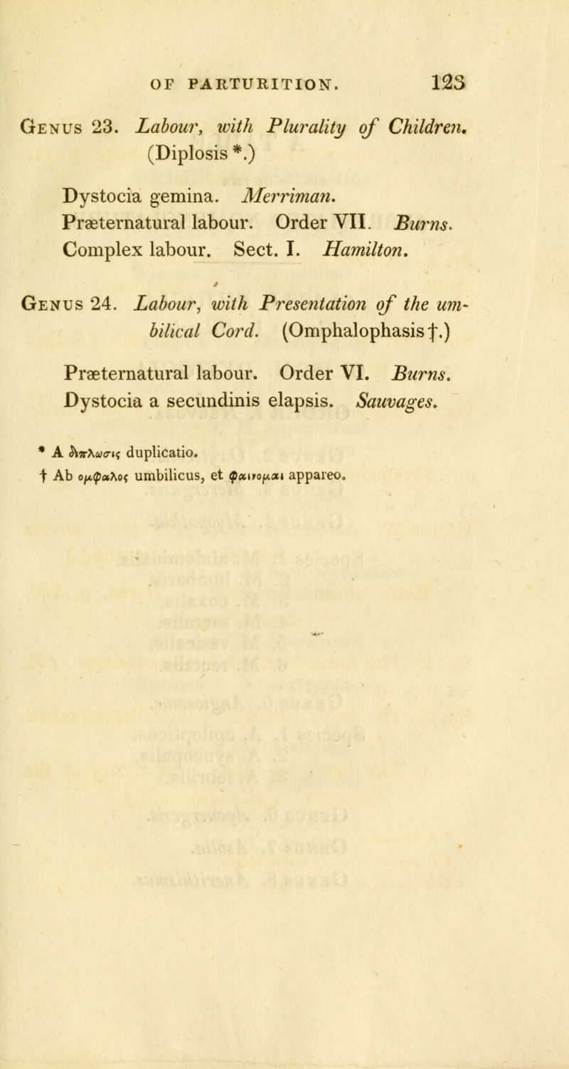 Genus 23. Labour, with Plurality of Children. (Diplosis *.) Dystocia gemina. Merriman. Preternatural labour. Order VII. Burns. Complex labour. Sect. I. Hamilton. Genus 24. Labour, with Presentation of the um- bilical Cord. (Omphalophasis \.) Preternatural labour. Order VI. Burns. Dystocia a secundinis elapsis. Sauvages. * A XrXawif duplicatio. t Ab o/xpa*o< umbilicus, et Qecifopou appareo.