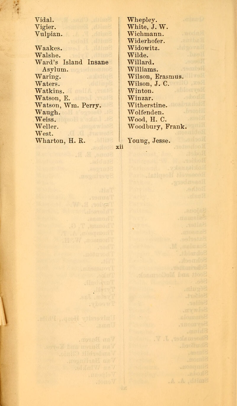 Vidal. Vigier. Whepley. White, J. W. Vulpian. Wichmann. Widerhofer. Waakes. Widowitz. Walshe. Wilde. Ward's Island Insane Willard. Asylum. Williams. Waring. Wilson, Erasmus. Waters. Wilson, J. C. Watkins. Winton. Watson, E. Winzar. Watson, Wra . Perry. Witherstine. Waugh. Wolfenden. Weiss. Wood, H. C. Weller. Woodbury, Frank West. Wharton, H. R. Young, Jesse. xii \