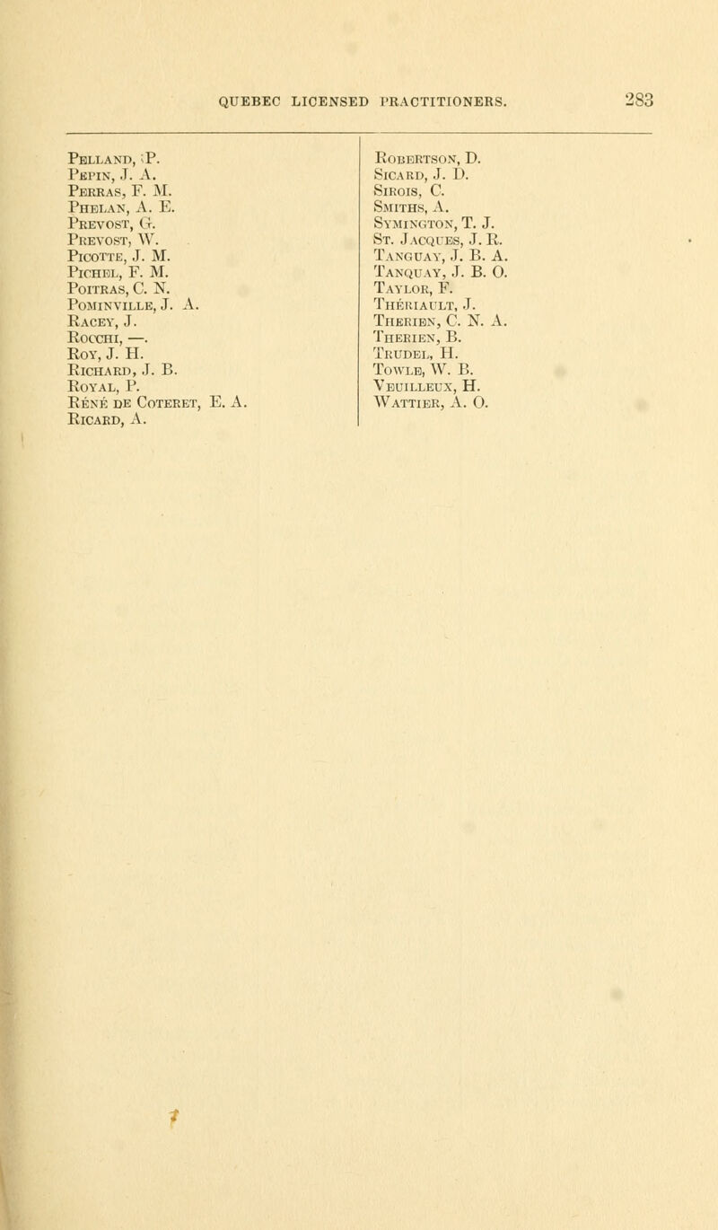 Pblland, ;P. Robertson, D. Pepin, J. A. Sicard, J. D. Perras, F. M. Sirois, C. Phelan, A. E. Smiths, A. Prevost, (r. Symington, T. J. Prevost, W. St. Jacques, J. R. PlCOTTE, J. M. Tanguay, J. B. A. PlCHEL, F. M. Tanquay, J. B. 0. POITRAS, C. N. Taylor, F. POMINVILLE, J. A. TlIERIAULT, J. Racey, J. TlIERIEN, C. N. A. Rocchi, —. Therien, B. Roy, J. H. Trudel, H. Richard, J. B. Towle, W. B. Royal, P. Veuilleux, H. Rene de Coteret, E. A. Wattier, A. 0.
