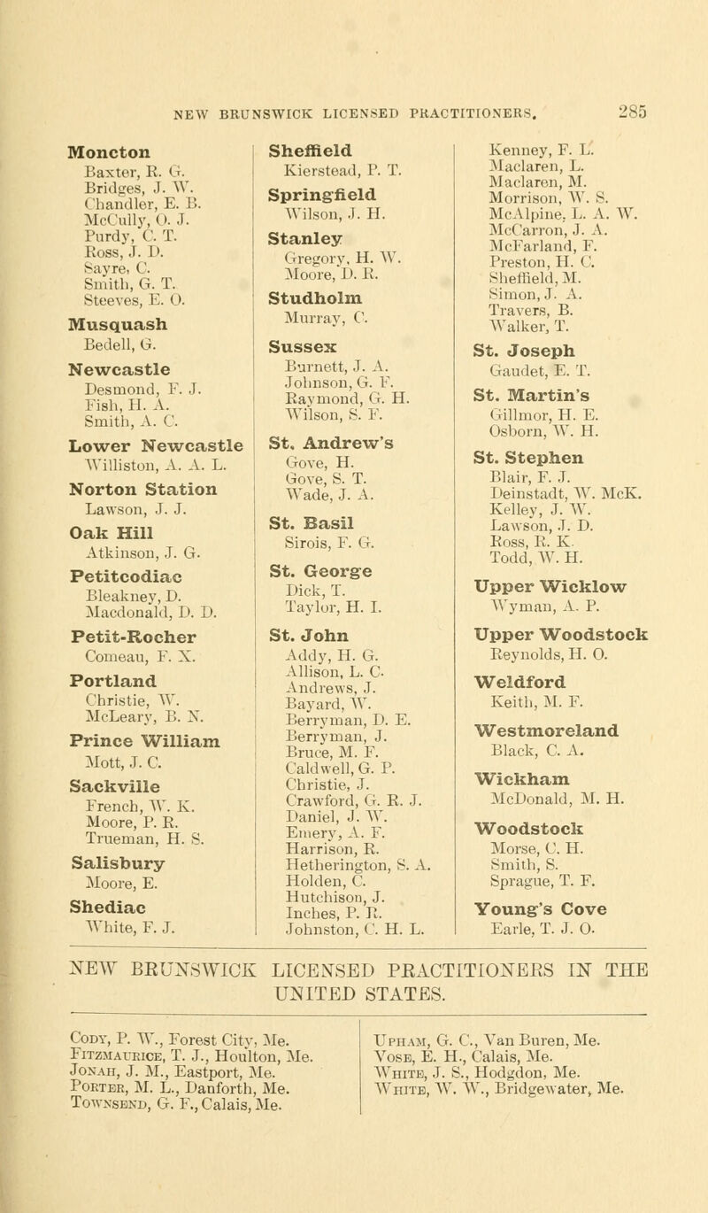 Moncton Baxter, R. G. Bridges, J. YV. Chandler, E. B. McCully, 0. J. Purdy, C. T. Ross, J. D. ^avre, C Smith, G. T. Steeves, E. 0. Musquash Bedell, G. Newcastle Desmond, F. J. Fish, H. A. Smith, A. C. Lower Newcastle Williston, A. A. L. Norton Station Lawson, J. J. Oak Hill Atkinson, J. G. Petitcodiac Bleakney, D. Macdonald, D. D. Petit-Rocher Comeau, F. X. Portland Christie, W. McLeary, B. N. Prince William Mott, J. C. Sackville French, W. K. Moore, P. R. Trueman, H. S. Salisbury Moore, E. Shediac White, F. J. Sheffield Kierstead, P. T. Springfield Wilson, J. H. Stanley Gregory, H. AY. Moore.D. R. Studholm Murray, C. Sussex Burnett, J. A. Johnson, G. F. Raymond, G. H. Wilson, S. F. St. Andrew's Gove, H. Gove, S. T. Wade, J. A. St. Basil Sirois, F. G. St. George Dick, T. Taylor, H. I. St. John Addy, H. G. Allison, L. C- Andrews, J. Bayard, W. Berry man, D. E. Berryman, J. Bruce, M. F. Caldwell, G. P. Christie, J. Crawford, G. R. J. Daniel, J. W. Emery, A. F. Harrison, R. Hetherington, S. A. Holden, C. Hutchison, J. Inches, P. R. Johnston, C. H. L. Kenney, F. L. Maclaren, L. Maclaren, M. Morrison, W. S. McAlpine, L. A. W. McCarron, J. A. McFarland, F. Preston, H. C. Sheffield, M. Simon, J. A. Travers, B. Walker, T. St. Joseph Gaudet, E. T. St. Martin's Gillmor, H. E. Osborn, W. H. St. Stephen Blair, F. J. Deinstadt, W. McK. Kelley, J. W. Lawson, J. D. Ross, R. K. Todd, W. H. Upper Wicklow Wyrnan, A. P. Upper Woodstock Reynolds, H. O. Weldford Keith, M. F. Westmoreland Black, C. A. Wickham McDonald, M. H. Woodstock Morse, C. H. Smith, S. Sprague, T. F. Young's Cove Earle, T. J. 0. NEW BRUNSWICK LICENSED PRACTITIONERS IN THE UNITED STATES. Cody, P. W., Forest City, Me. Fitzmaukice, T. J., Houlton, Me. Jonah, J. M., Eastport, Me. Porter, M. L., Danforth, Me. Townsend, G. F., Calais, Me. Upham, G. C, Van Buren, Me. Vose, E. H., Calais, Me. White, J. S., Hodgdon, Me. White, W. W., Bridgewater, Me.