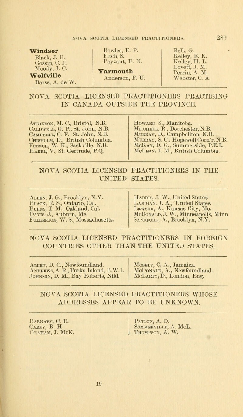 Windsor Black, J. B. Gossip, C. J. Moody, J. C. Wolfville Barss, A. de W. Bowles, E. P. Fitch, S. Payzant, E. N. Yarmouth Anderson, F. U. Bell, G. Kelley, E. K. Kelley, H. L. Lovett, J. M. Perrin, A. M. Webster, C. A. NOVA SCOTIA LICENSED PRACTITIONERS PRACTISING IN CANADA OUTSIDE THE PROVINCE. Atkinson, M. C, Bristol, N.B. Caldwell, G. P., St. John, N.B. Campbell, C. F., St. John, N.B. Chisholm, D., British Columbia. French, W. K., Sackville, N.B. Harel, V., St. Gertrude, P.Q. Howaed, S.j Manitoba. Mitchell, R., Dorchester, N.B. Murray, D., Campbellton, N.B. Murray, S. C, Hopewell Corn'r, N.B. McKay, D. G, Summerside, P.E.I. McLean, I. M., British Columbia. NOVA SCOTIA LICENSED PRACTITIONERS IN THE UNITED STATES. Allen, J. G., Brooklyn, N.Y. Black, E. S., Ontario, Cal. Burns, T- M., Oakland, Cal. Davis, J., Auburn, Me. Fullerton, W. S., Massachusetts. Harris, J. W., United States. Lanigan, J. A., United States. Lawson, A., Kansas City, Mo. McDonald, J. W., Minneapolis, Minn Sandford, A., Brooklyn, N.Y. NOVA SCOTIA LICENSED PRACTITIONERS IN FOREIGN COUNTRIES OTHER THAN THE UNITED STATES. Allen, D. G, Newfoundland. Andrews, A. R., Turks Island, B.W.I. Johnson, D. M., Bay Roberts, Nfld. Mosely, C. A., Jamaica. McDonald, A., Newfoundland. McLarty, D., London, Eng. NOVA SCOTIA LICENSED PRACTITIONERS WHOSE ADDRESSES APPEAR TO BE UNKNOWN. Barnaby, C. D. Carey, R. H. Graham, J. McK. Patton, A. D. SOMMERVILLB, A. McL. Thompson, A. W. 19